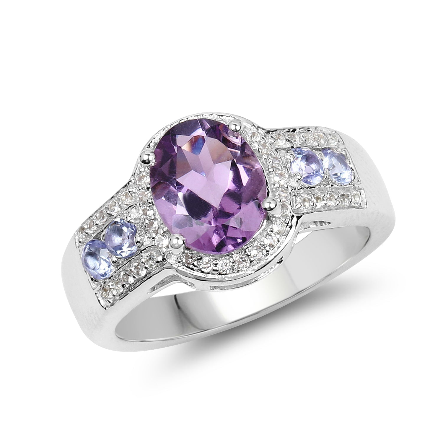2.11 Carat Genuine Amethyst, Tanzanite and White Topaz .925 Sterling Silver Ring DestGlow