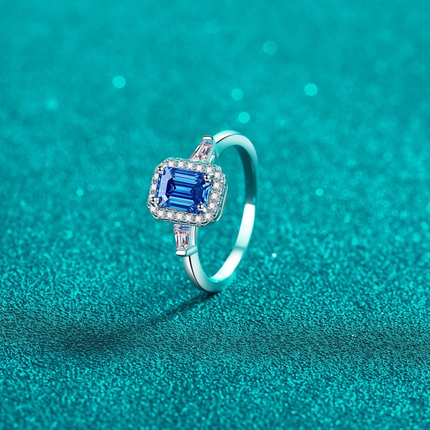 1 Carat Blue Emerald-Cut Sparkala™ Pure Sterling Silver Ring - DestGlow