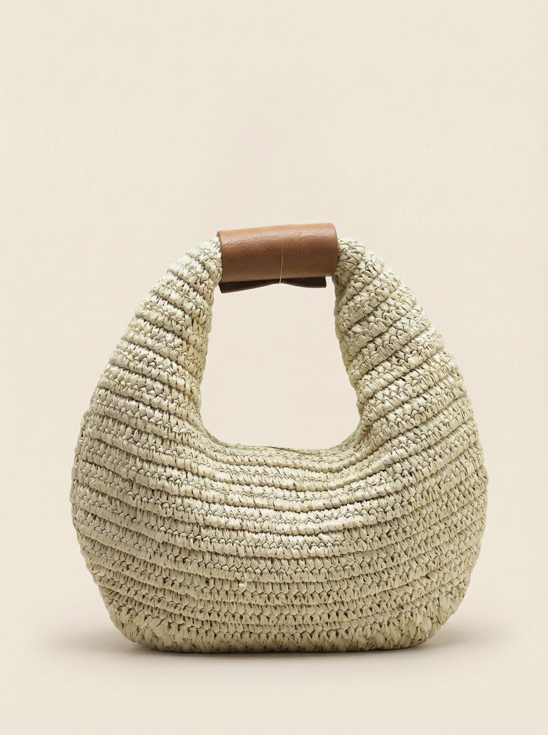 Round Crochet Woven Handheld Straw Bag DestGlow