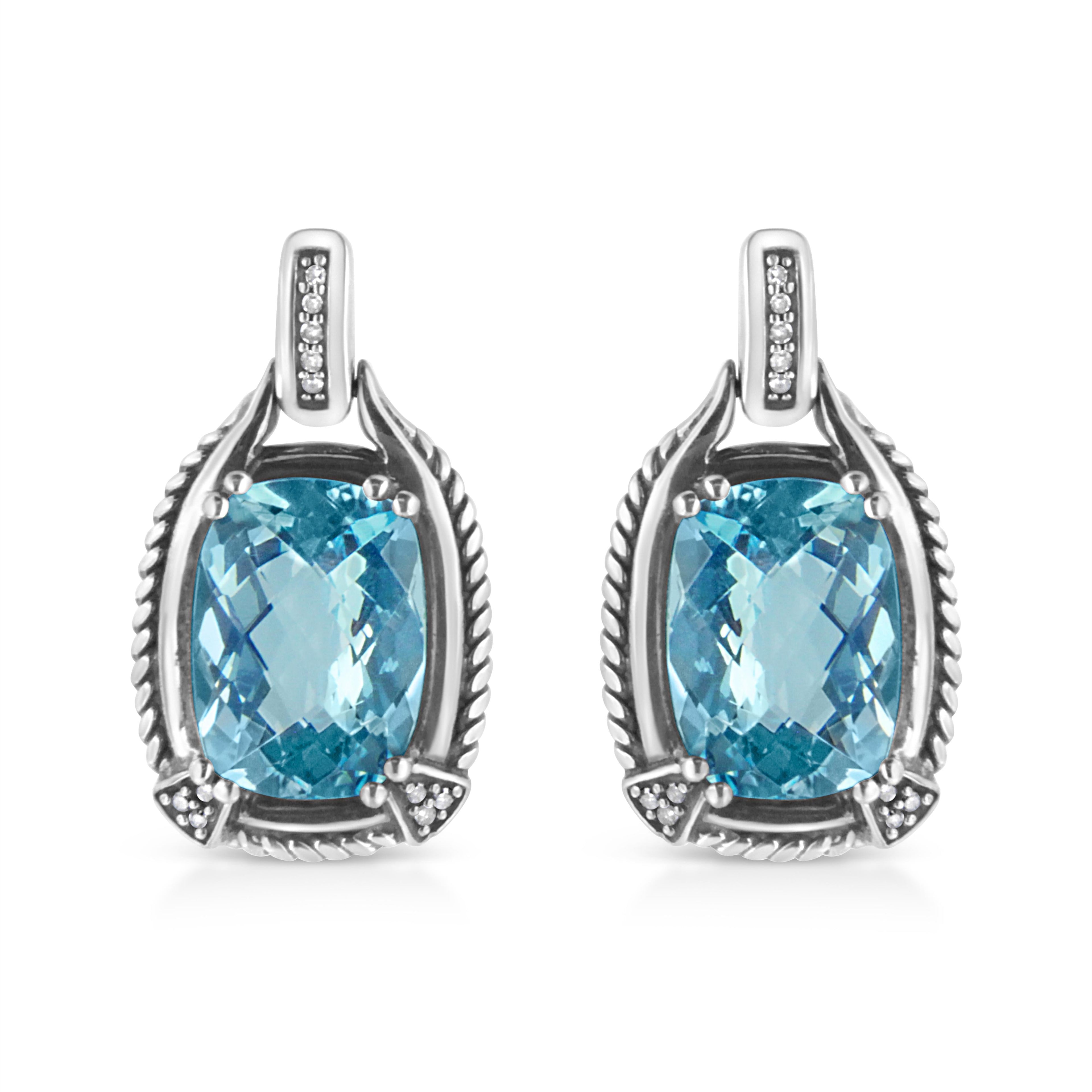.925 Sterling Silver 14x10MM Cushion Cut Blue Topaz Gemstone and Diamond Accent Dangle Earring (I-J Color, I1-I2 Clarity) by Bids.com