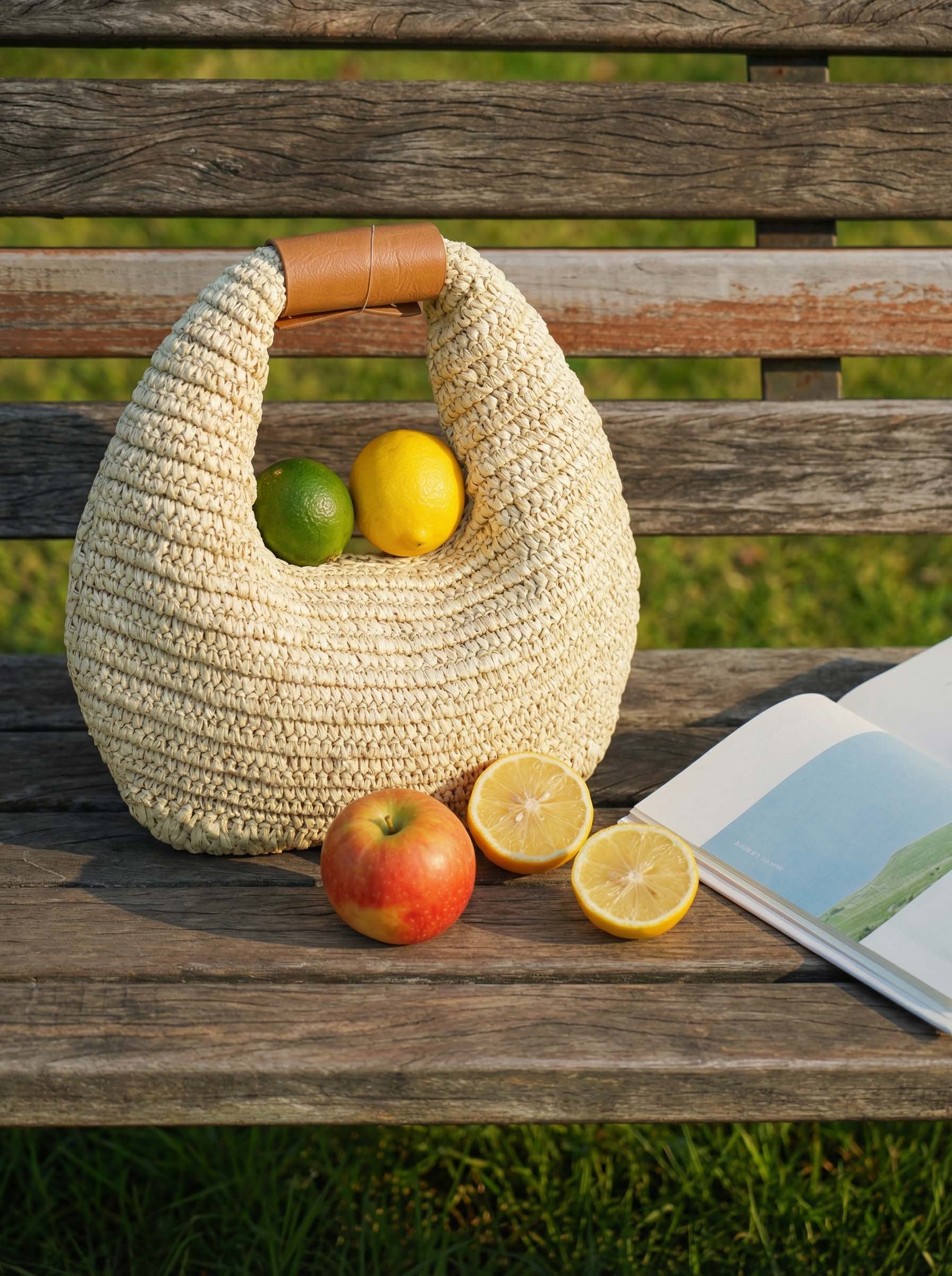 Round Crochet Woven Handheld Straw Bag DestGlow