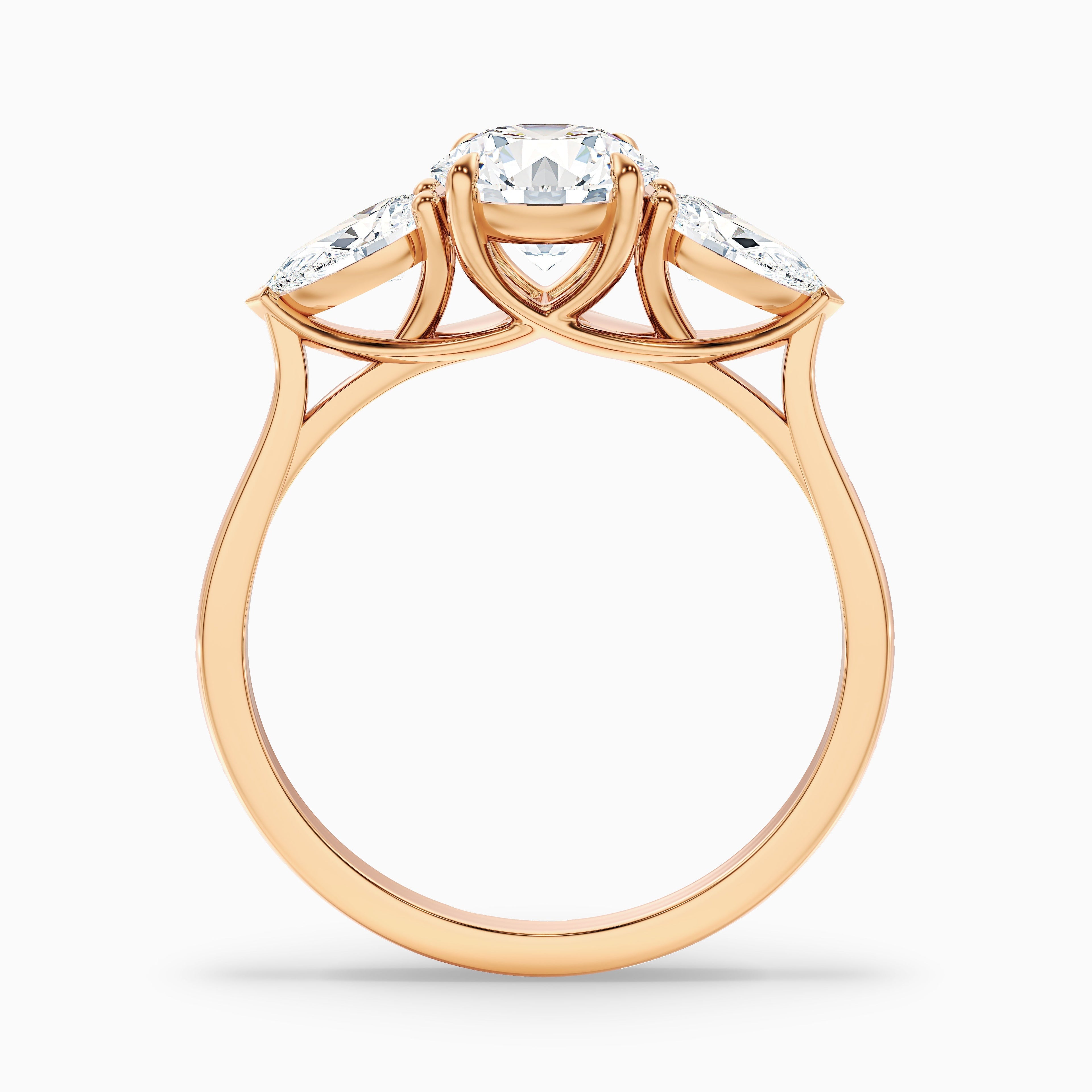Amaya 5.5 Carat Round 3 Stone Moissanite Diamond Ring With Pear Side Stone in 18k Rose Gold DestGlow