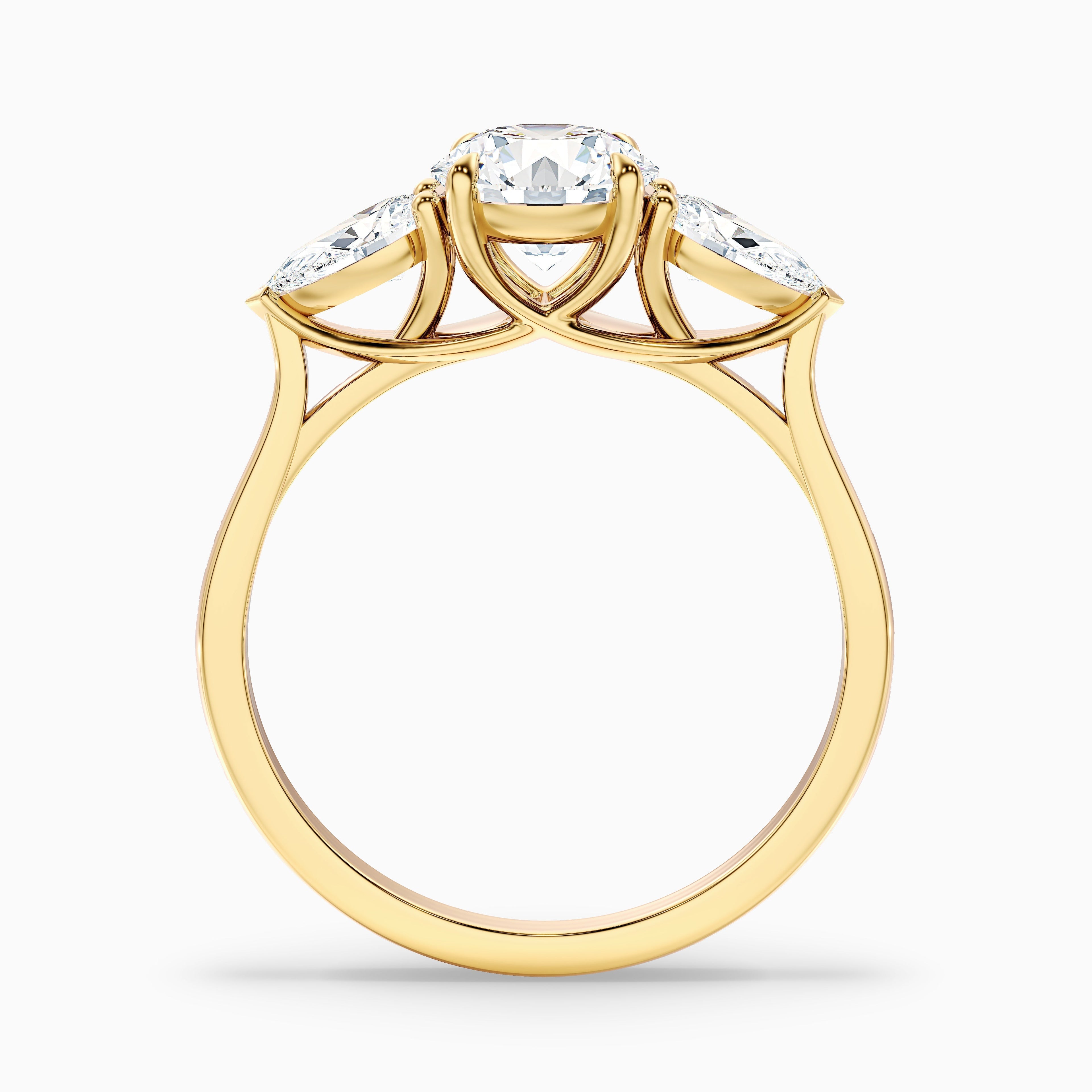 Amaya 5.5 Carat Round 3 Stone Moissanite Diamond Ring With Pear Side Stone in 10k Yellow Gold DestGlow