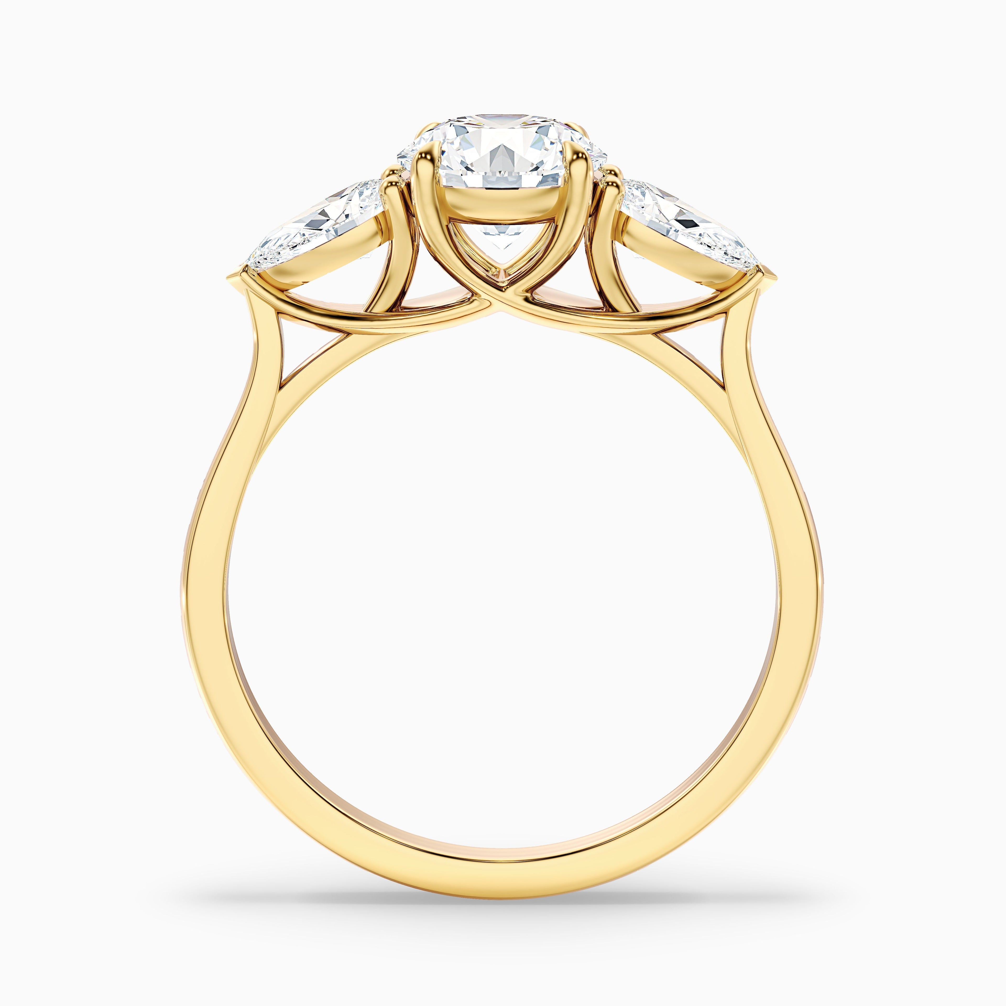 Kai 5 Carat Round 3 Stone Lab Grown Engagement Ring With Pear Side Stone in 14k Yellow Gold