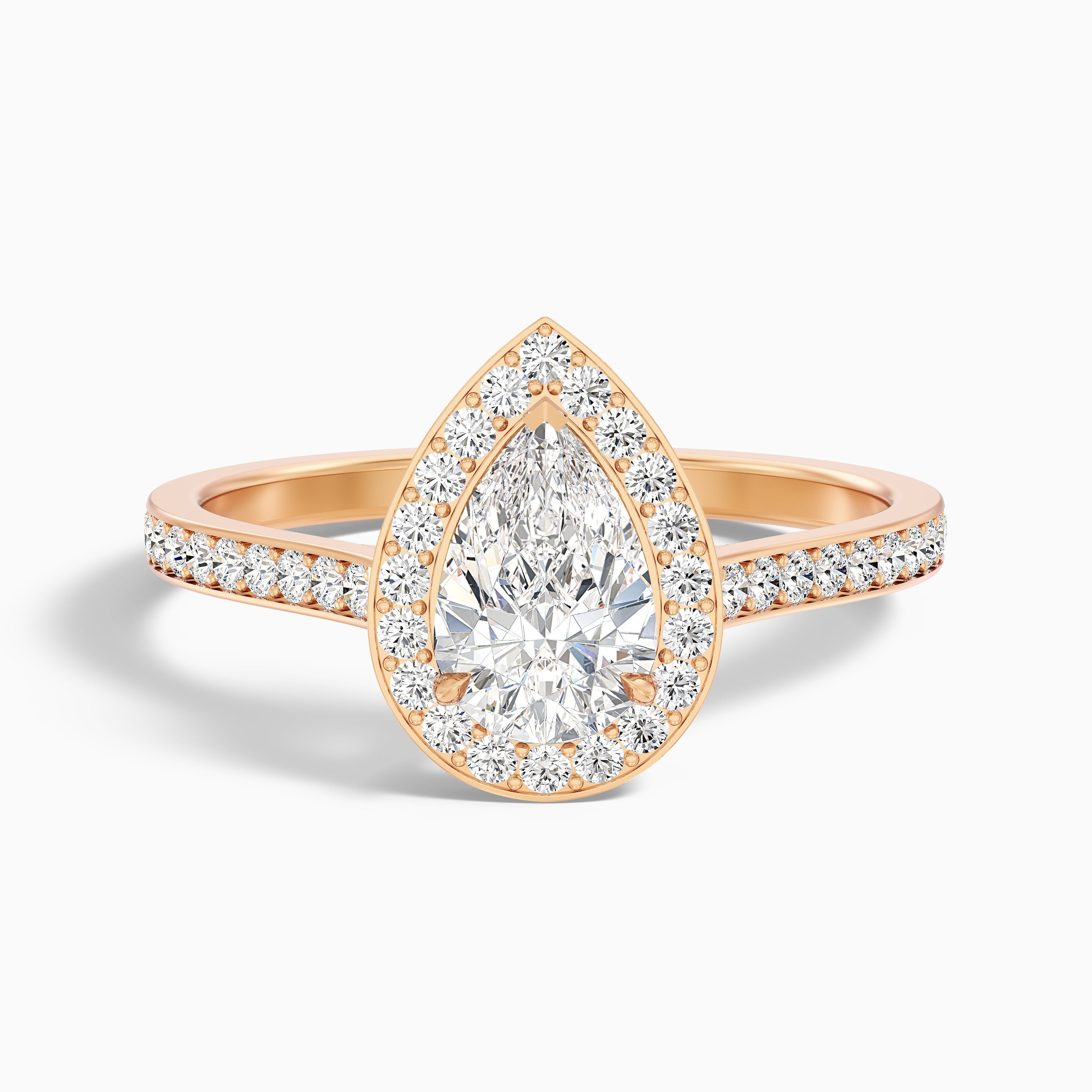 Elena 3 Carat Pear Halo Pave Moissanite Diamond Ring in 18k White Gold DestGlow