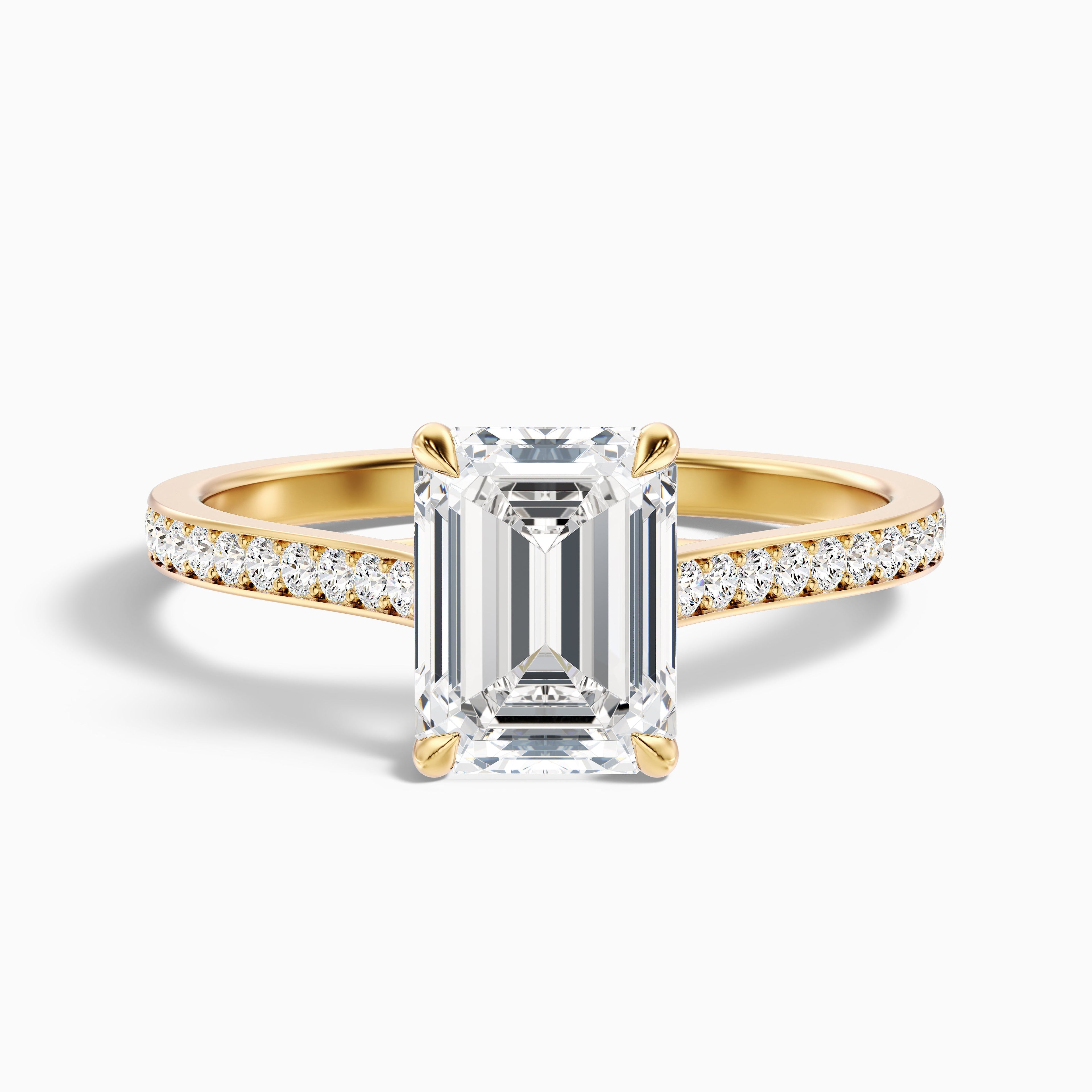 Enni 3 Carat Emerald Cut Side Stone Pave Moissanite Diamond Ring in 18k Yellow Gold