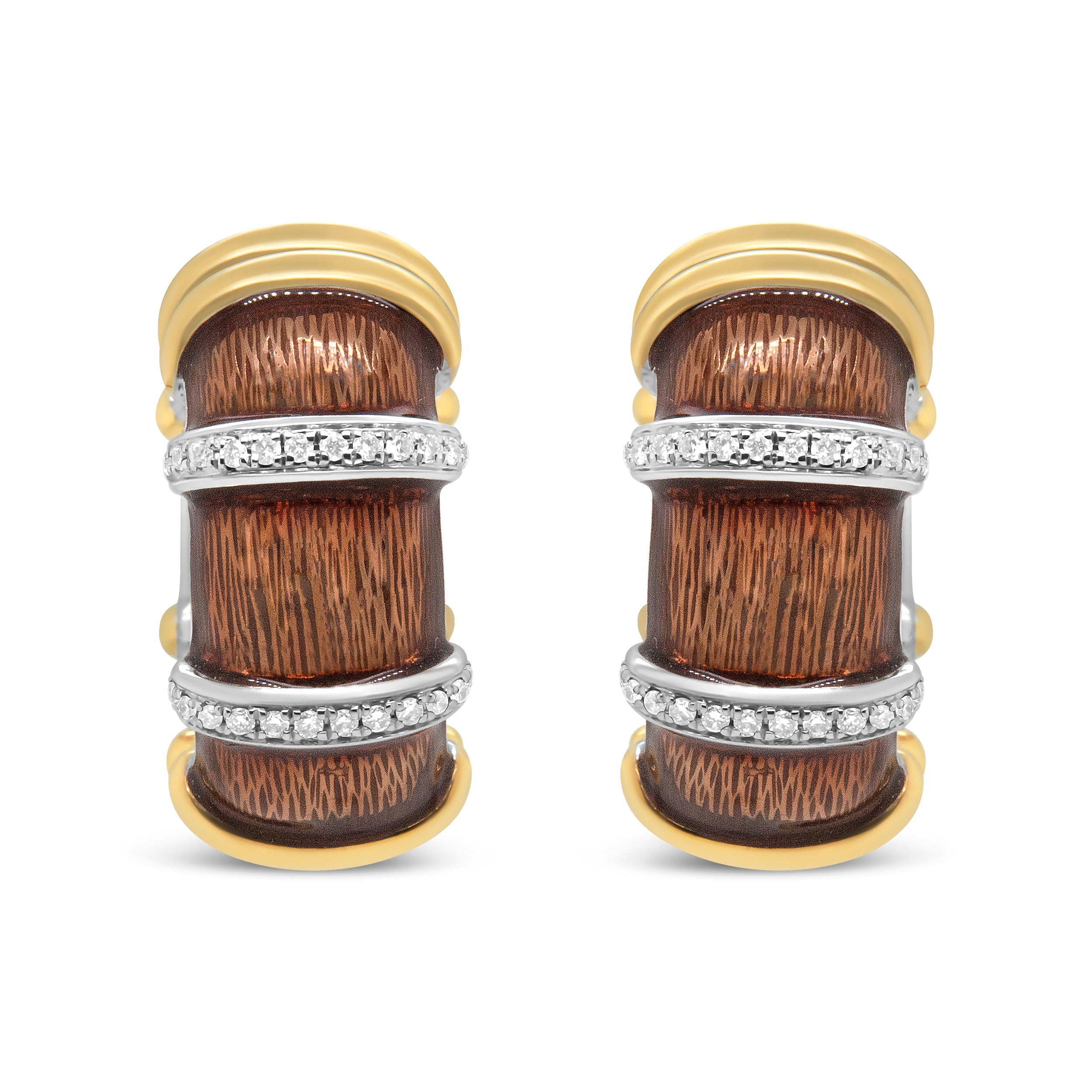 18K Yellow and White Gold Flash Plated .925 Sterling Silver Clear Brown Enamel 9/10 Cttw Round Diamonds Huggie Hoop Earrings (F-G Color, VS1-VS2 Clarity) by Bids.com