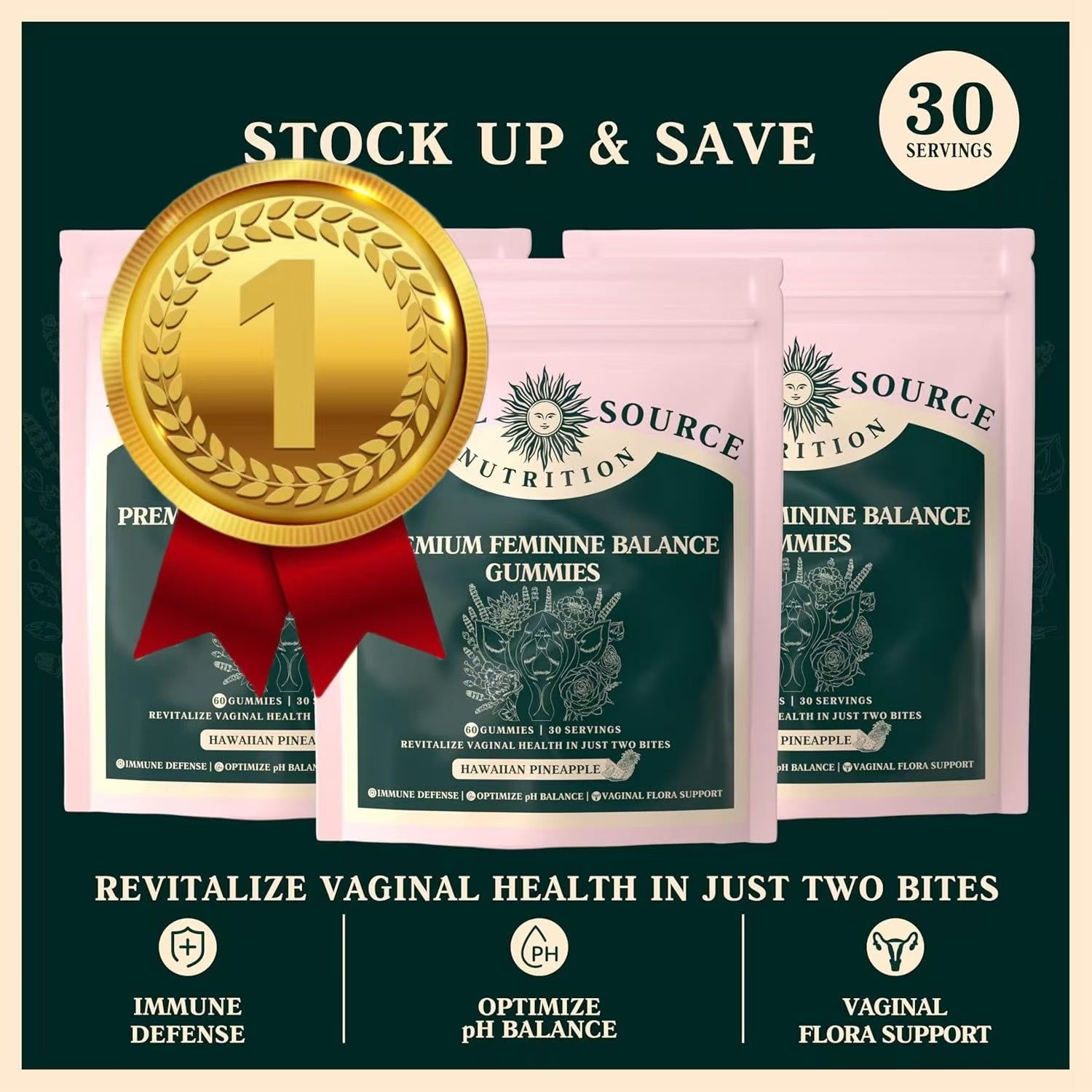 Vital Source Nutrition - Premium Feminine Balance Gummies - for Women’s Health & Wellness - Immune Support - Vegan, Gluten-Free & Halal - Hawaiian Pineapple - 60 Gummies - 30 Servings DestGlow