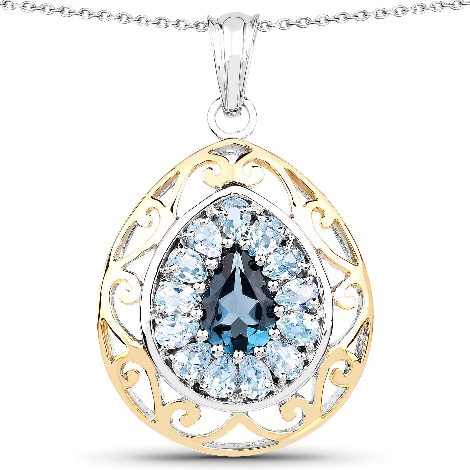 18K Yellow Gold Plated 4.44 Carat Genuine London Blue Topaz and Blue Topaz .925 Sterling Silver Pendant by Bids.com