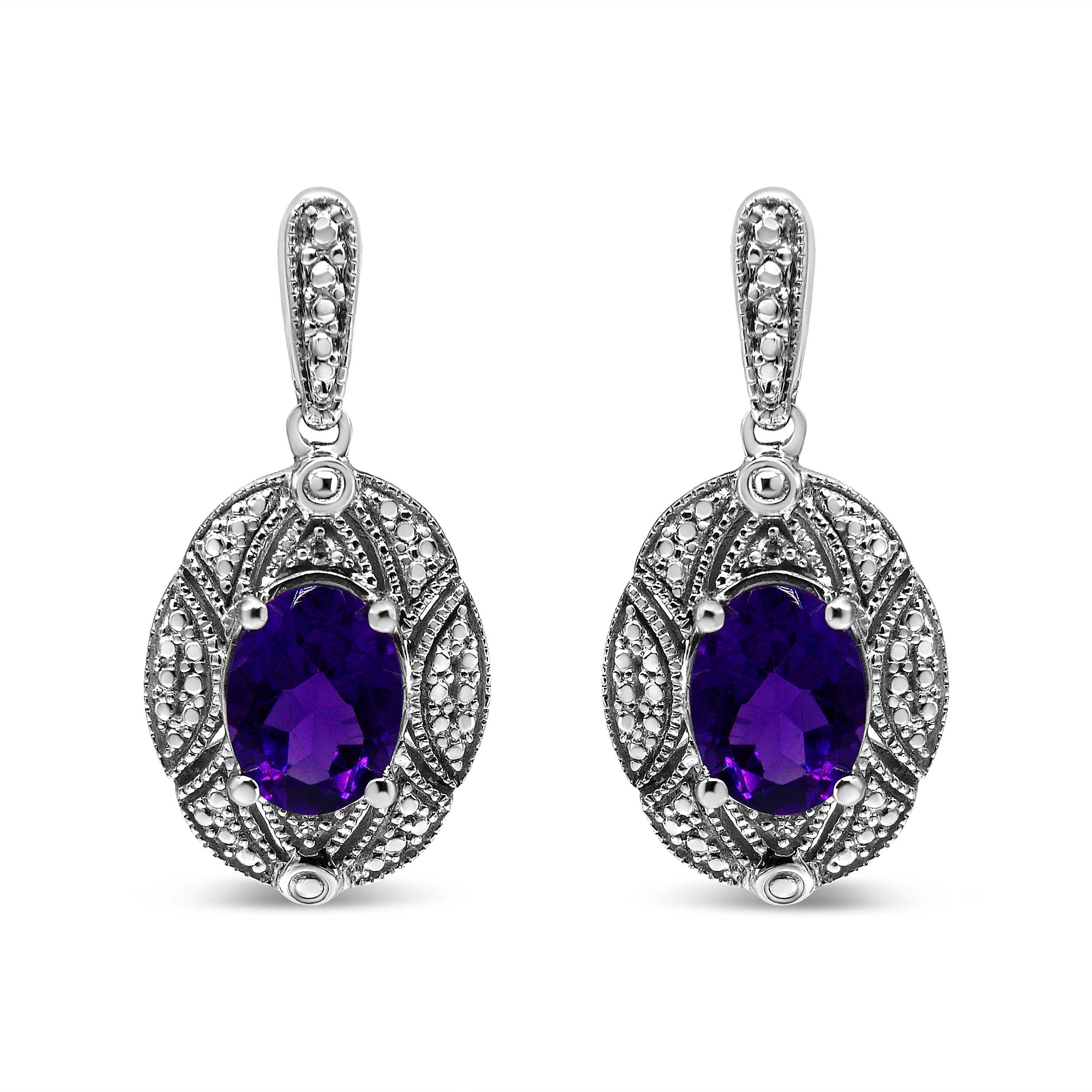 .925 Sterling Silver Diamond Accent and 8x6mm Purple Oval Amethyst Stud Earrings (I-J Color, I1-I2 Clarity) DestGlow