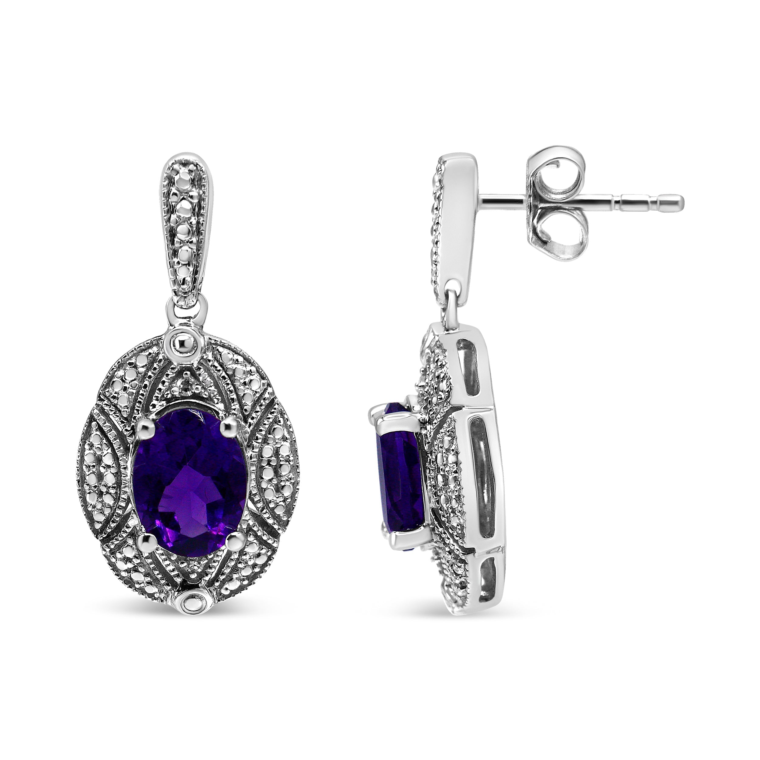 .925 Sterling Silver Diamond Accent and 8x6mm Purple Oval Amethyst Stud Earrings (I-J Color, I1-I2 Clarity) DestGlow
