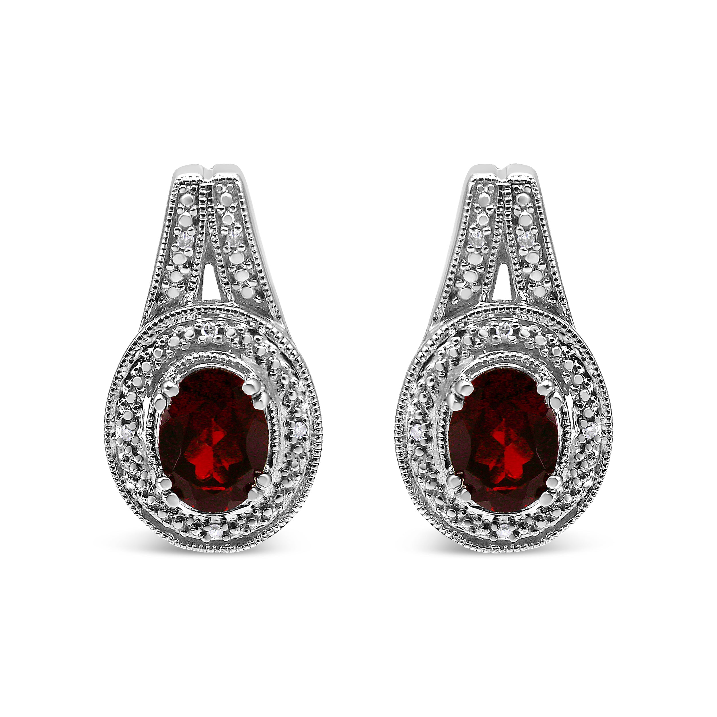 .925 Sterling Silver Diamond Accent and 8x6mm Red Oval Garnet Stud Earrings (I-J Color, I1-I2 Clarity) by Bids.com