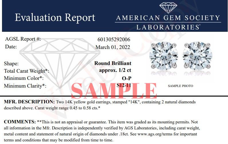 AGS Certified 14K Yellow Gold 1/2 Cttw 4 Prong Set Brilliant Round-Cut Solitaire Diamond Push Back Stud Earrings (O-P, Color, SI2-I1 Clarity) by Bids.com
