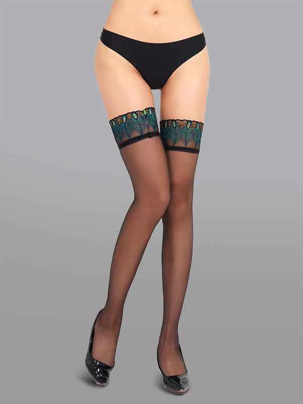 Sexy Peacock Lace Trim Thigh High Stockings - accessories