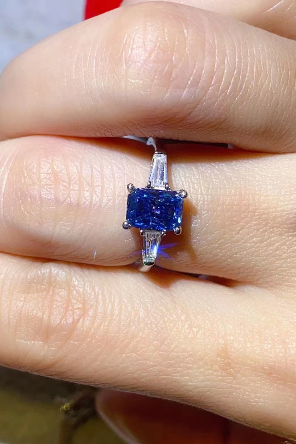 1 Carat Blue Radiant-Cut Sparkala™ Platinum-Plated Rectangle Ring in Blue by Sparkala