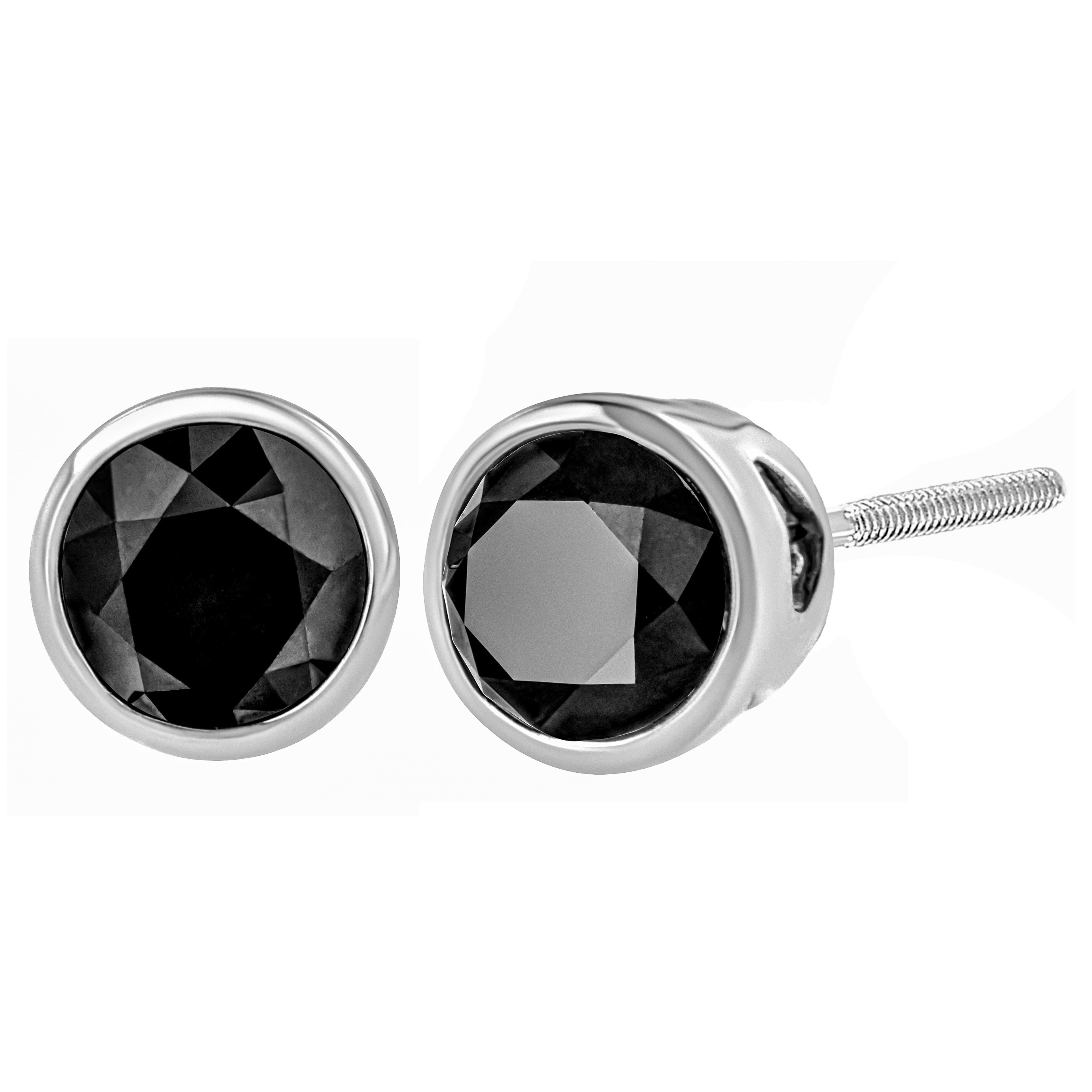 14K White Gold 1/2 Cttw Round Brilliant-Cut Black Diamond Bezel-Set Stud Earrings with Screw Backs (Fancy Color-Enhanced, I2-I3 Clarity) by Bids.com