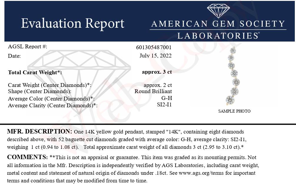 AGS Certified 14K Yellow Gold 3.0 Cttw Baguette and Brilliant Round-Cut Diamond Journey 18" Pendant Necklace (G-H Color, SI2-I1 Clarity) by Bids.com