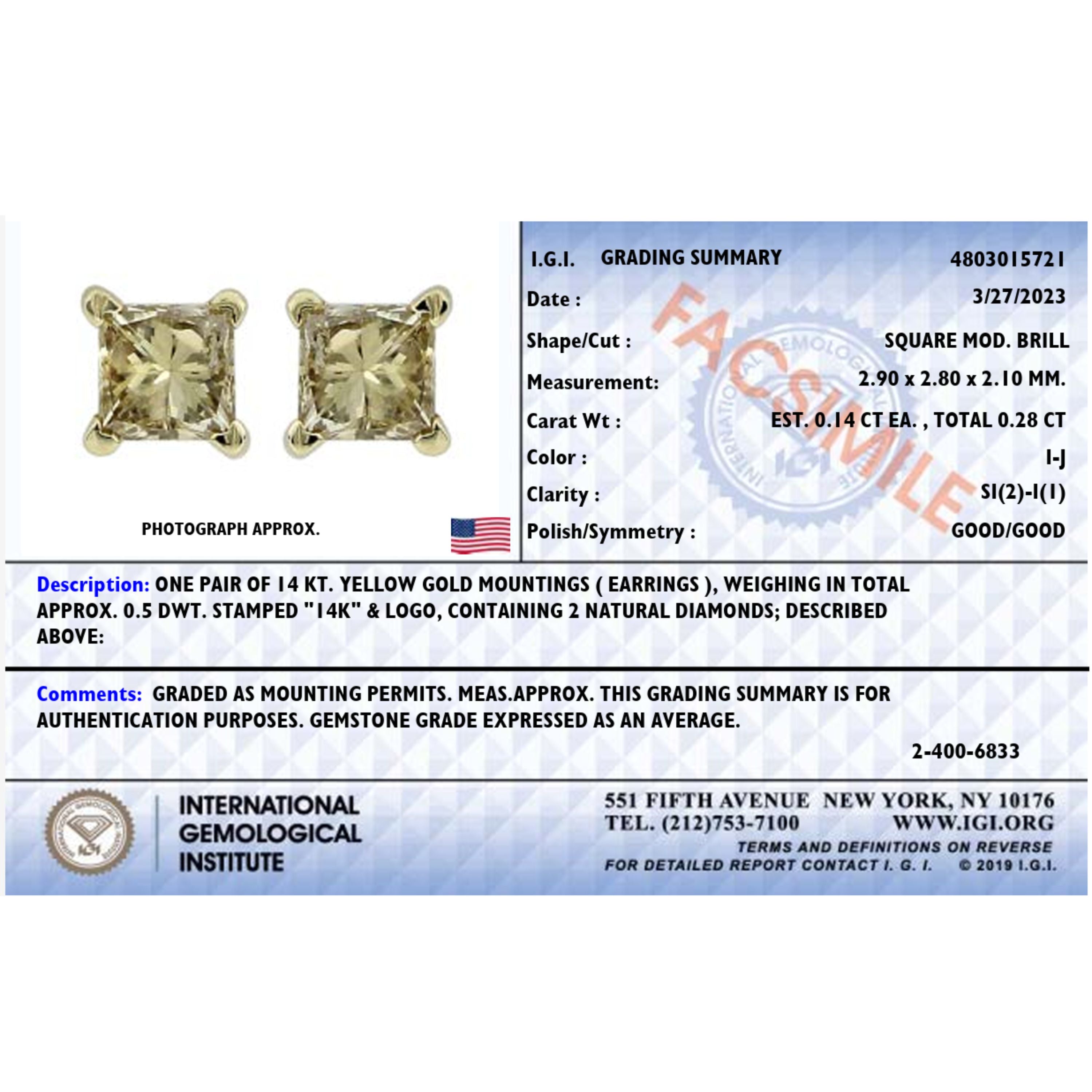 IGI Certified 14K Yellow Gold 1/4 Cttw Princess-Cut Diamond Solitaire Stud Earrings by Bids.com