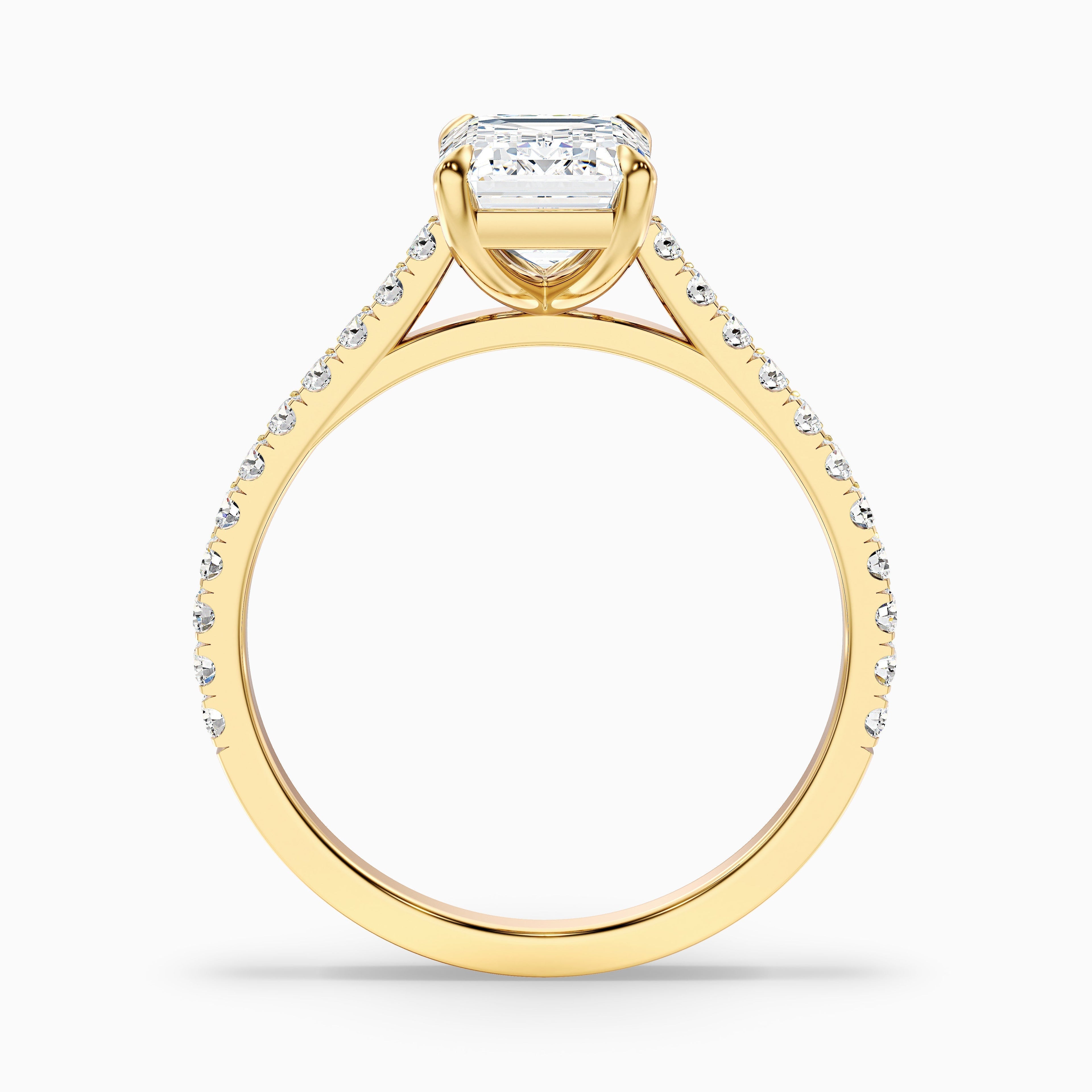 Macy 2.5 Carat Emerald Cut Side Stone Pave Moissanite Diamond Ring in 18k Yellow Gold