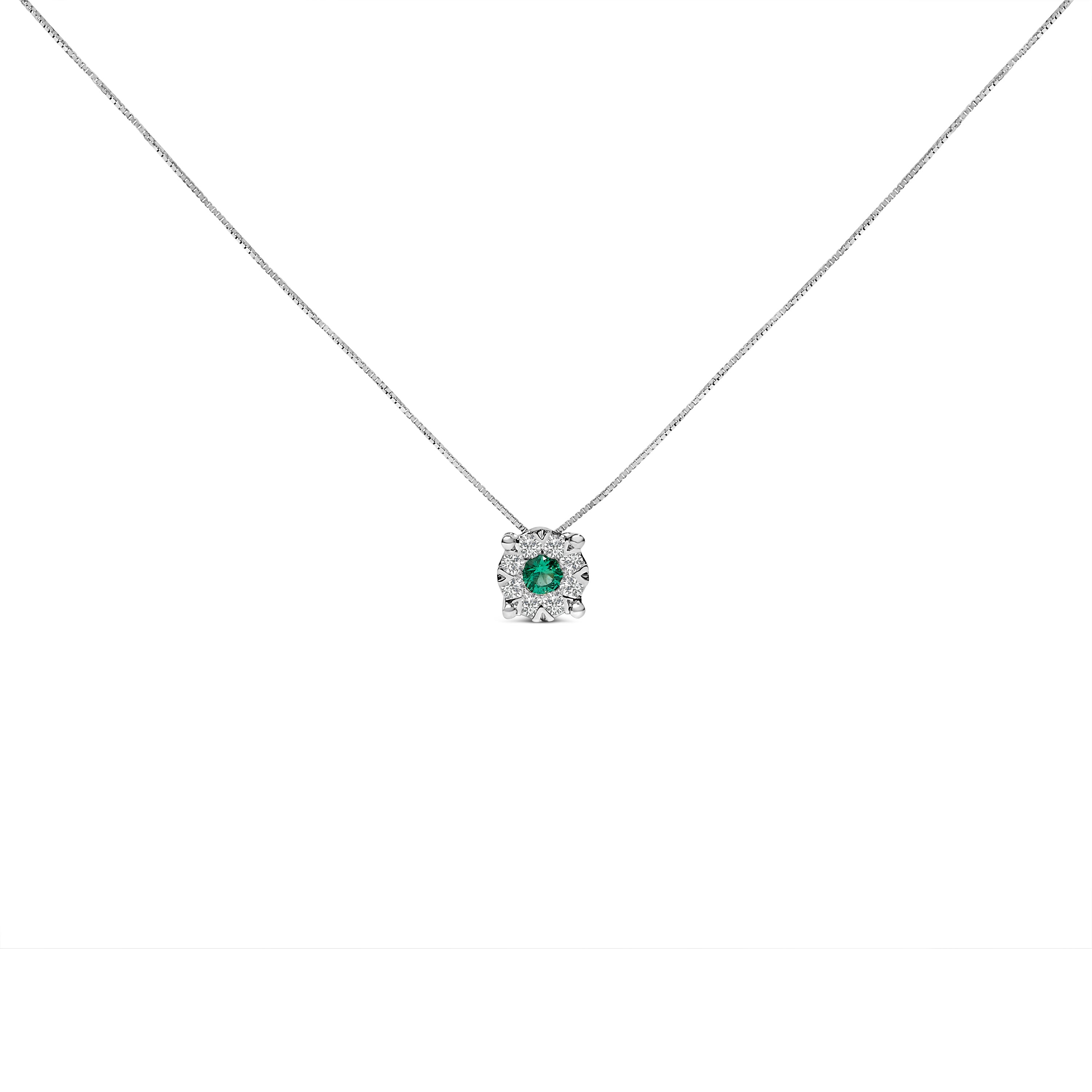 14K White Gold 3.8 MM Green Emerald and 1/3 Cttw Diamond Composite Halo 18" Pendant Necklace (F-G Color, VS2-SI1 Clarity) DestGlow