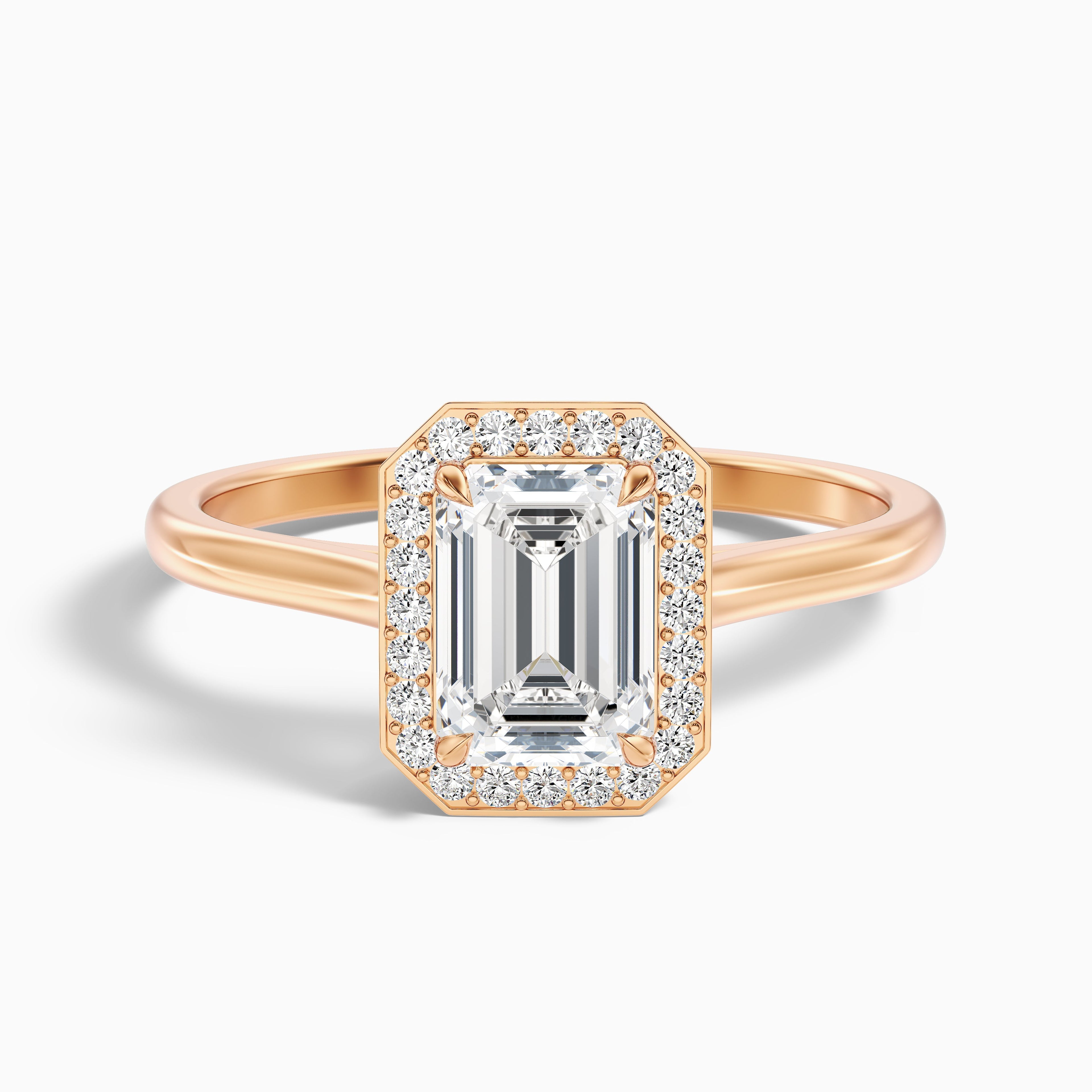 Lara 1 Carat Emerald Cut Halo Moissanite Diamond Ring in 14k White Gold