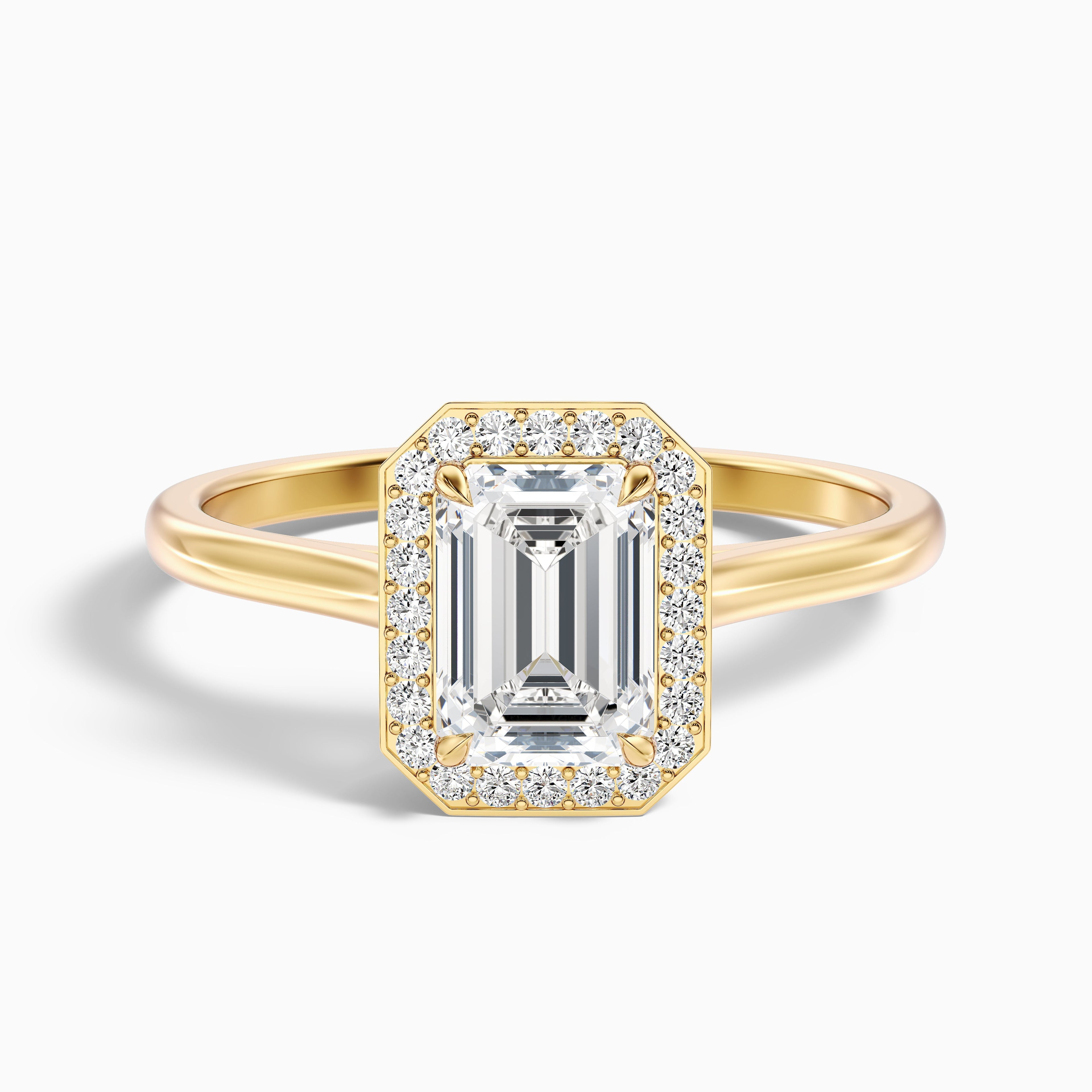 Lara 2 Carat Emerald Cut Halo Moissanite Diamond Ring in 10k Yellow Gold DestGlow