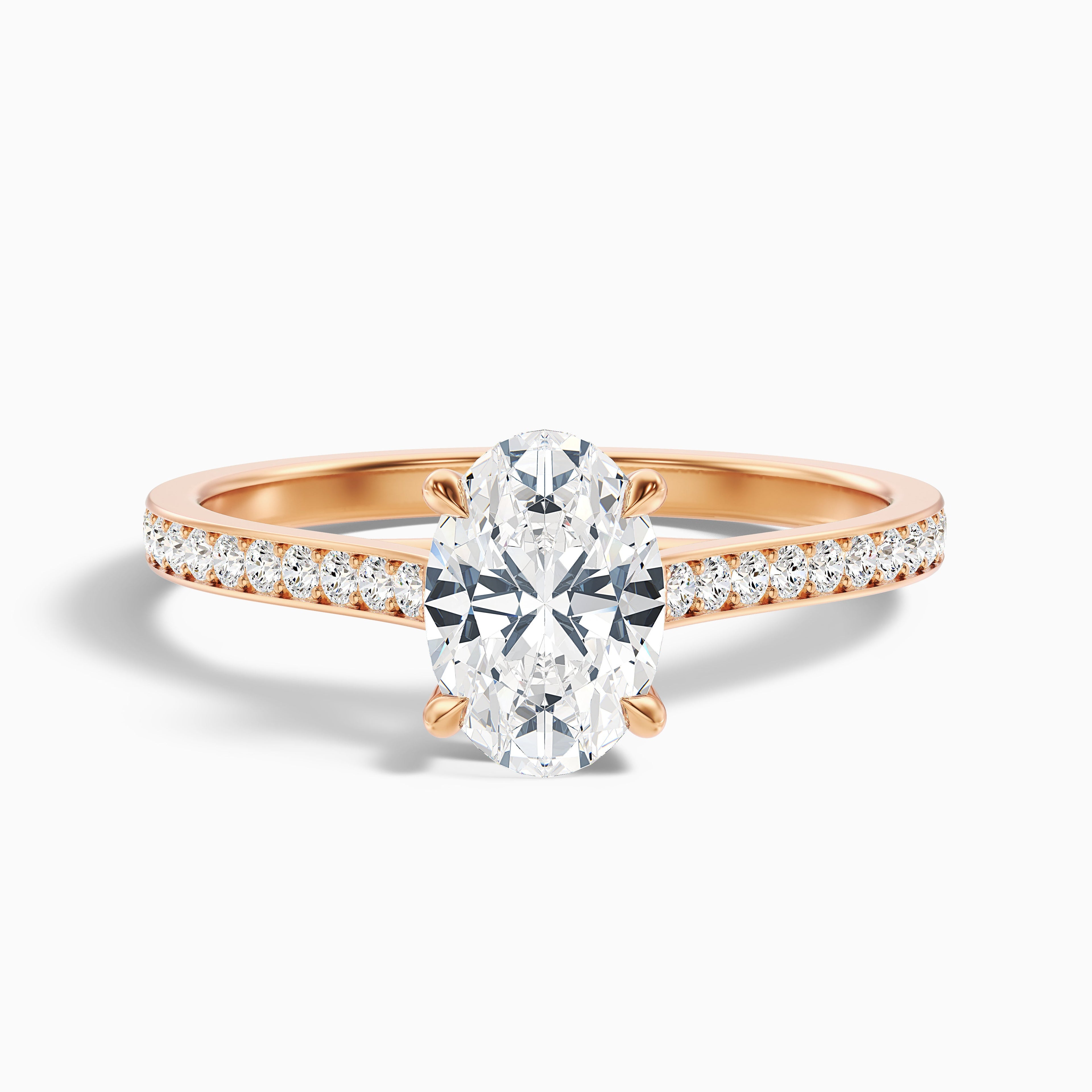 Carla 2 Carat Oval Cut Side Stone Pave Moissanite Diamond Ring in 14k Rose Gold
