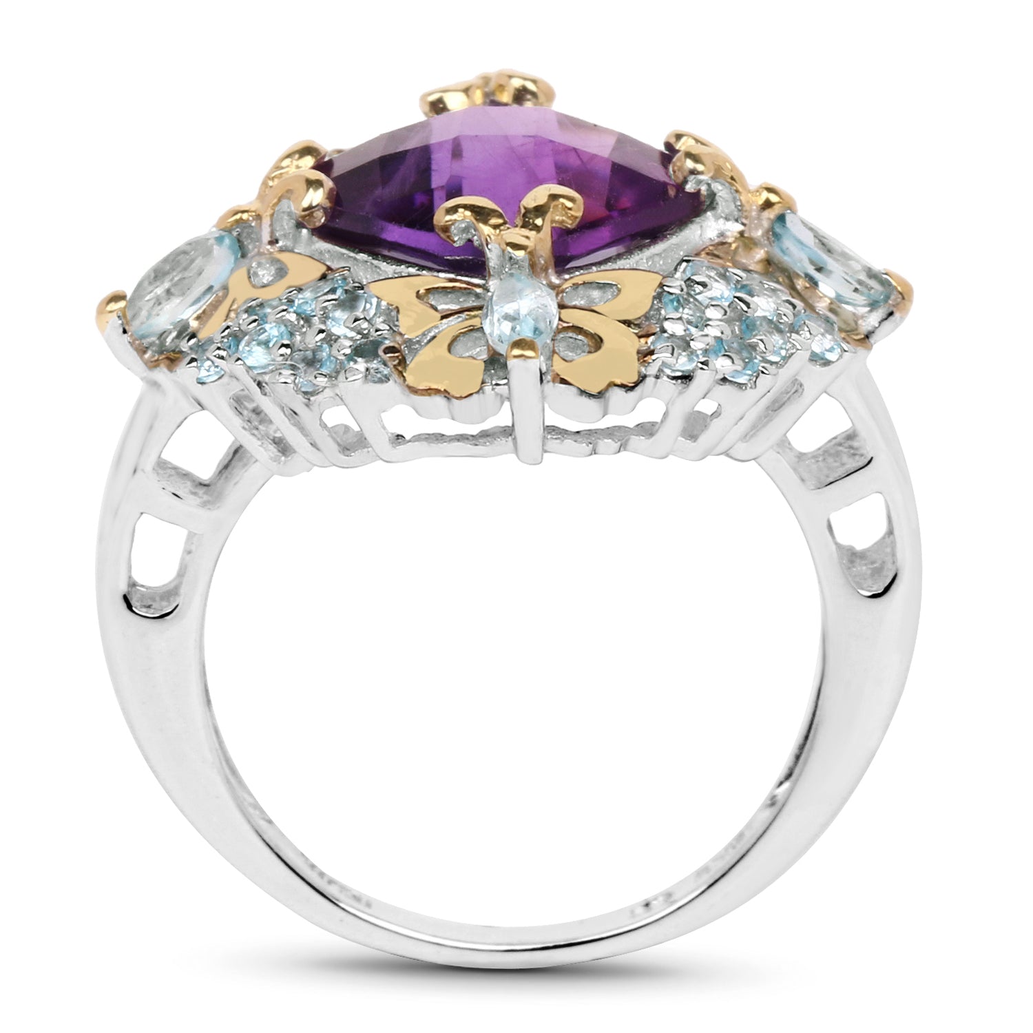 Two Tone Plated 4.45 Carat Genuine Amethyst & Blue Topaz .925 Sterling Silver Ring DestGlow