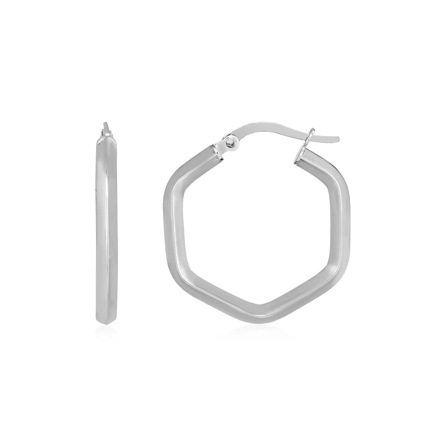 14k White Gold Shiny Hexagon Hoop Earrings DestGlow