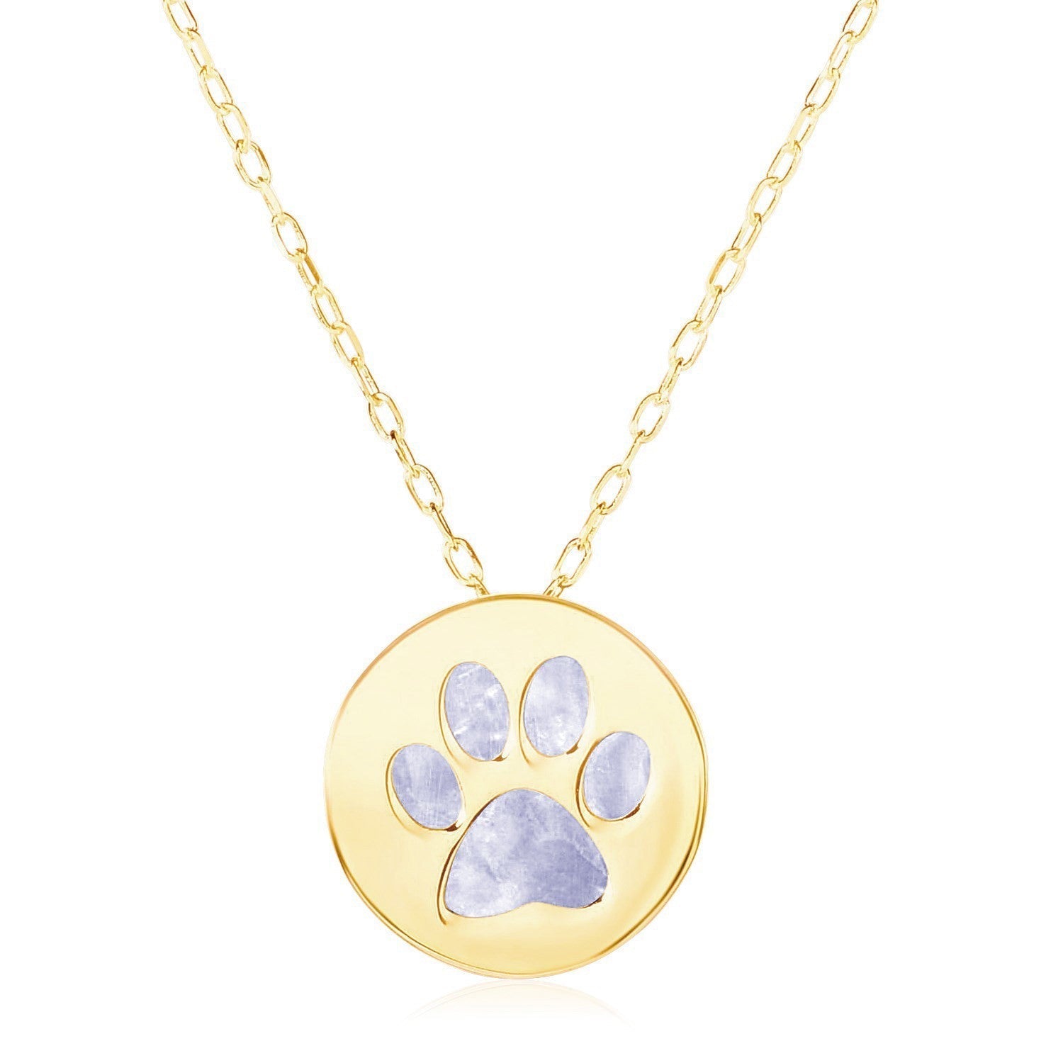 14k Yellow Gold Necklace with Dog Paw Print Symbol in Mother of Pearl DestGlow