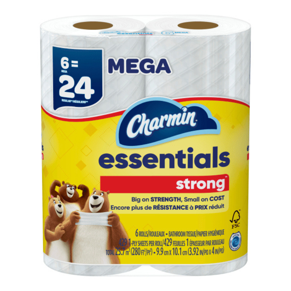 Charmin Essentials Strong Toilet Paper, 6 Mega Rolls (429 Sheets/Roll) DestGlow