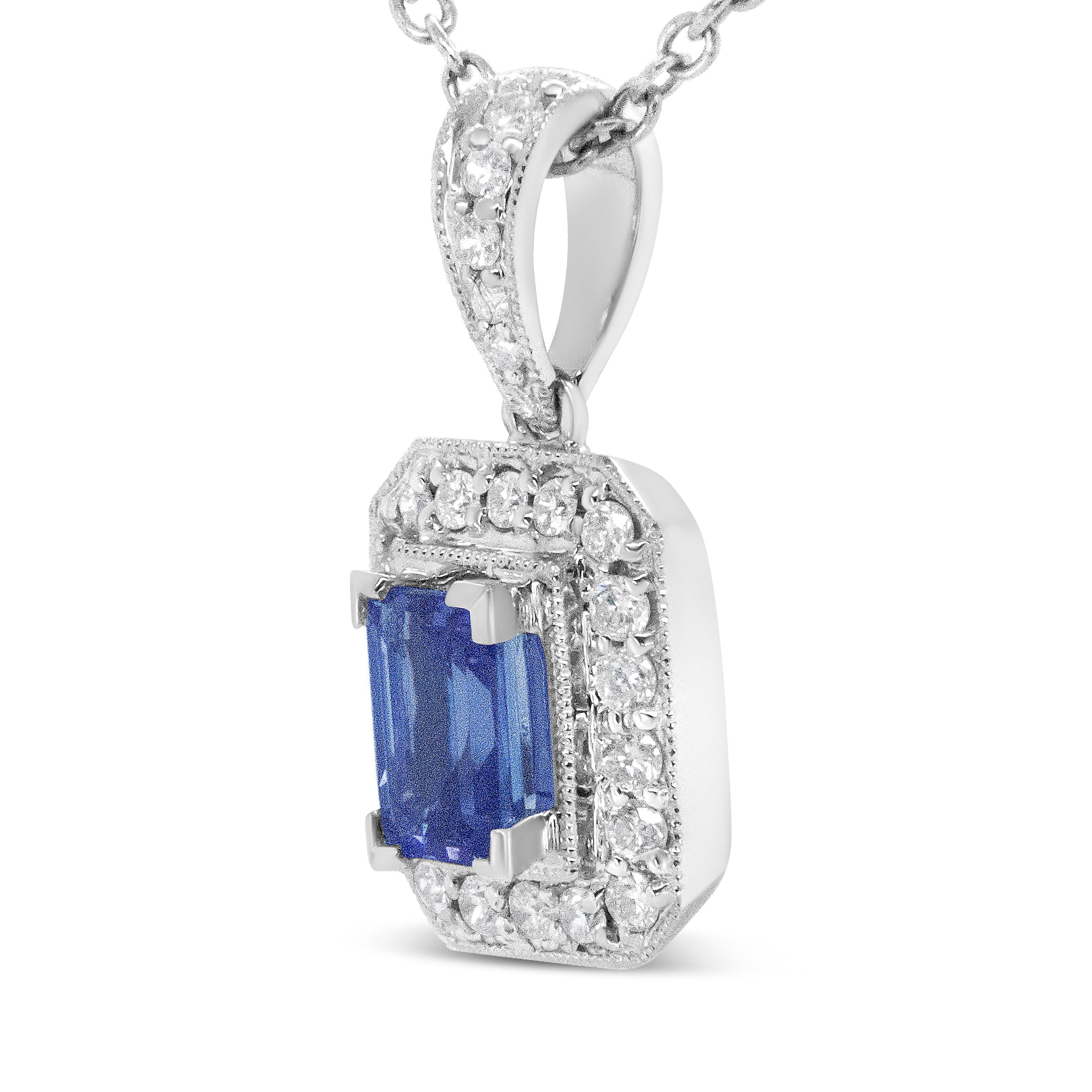 18K White Gold 1/4 Cttw Round Diamond and 6x4mm Purple Tanzanite Halo 18" Pendant Necklace (H-I Color, VS1-VS2 Clarity) DestGlow