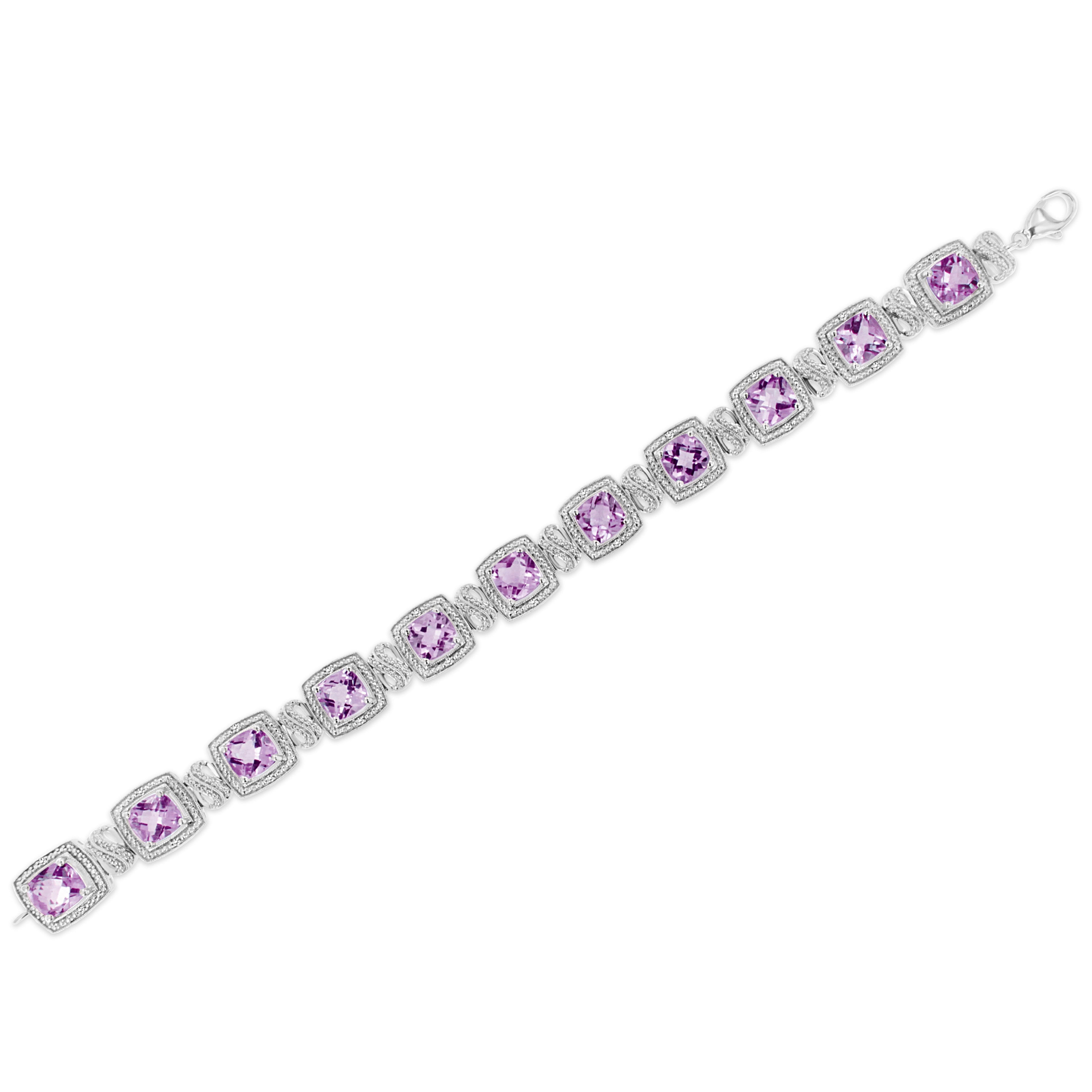 .925 Sterling Silver 7x7 mm Cushion Cut Purple Amethyst and 1/10 cttw Round Cut Diamond Square Shape Tennis Bracelet (I-J Color, I1-I2 Clarity) - 7" DestGlow