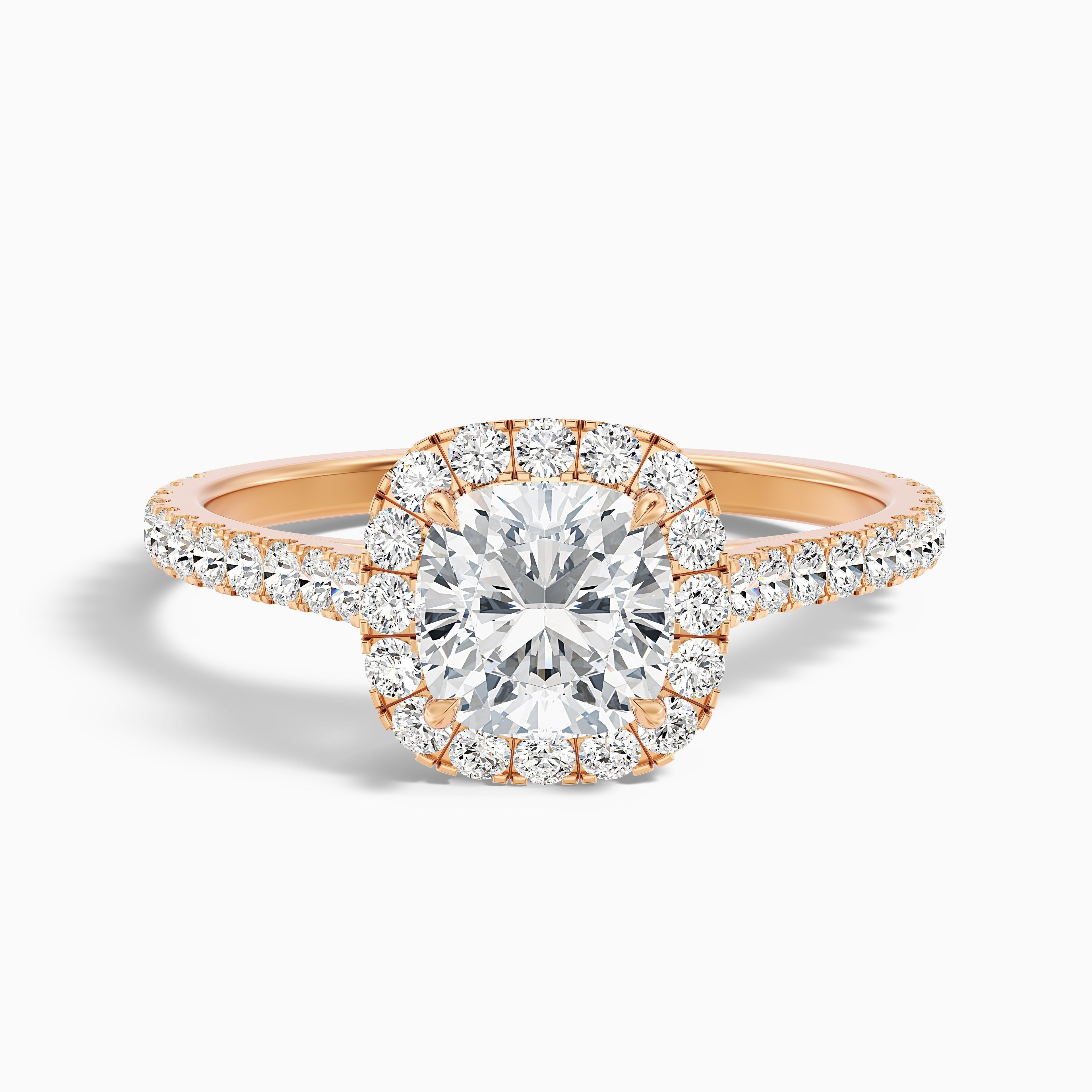Jini 4 Carat Cushion Cut Halo Pave Moissanite Diamond Ring in 10k Yellow Gold DestGlow