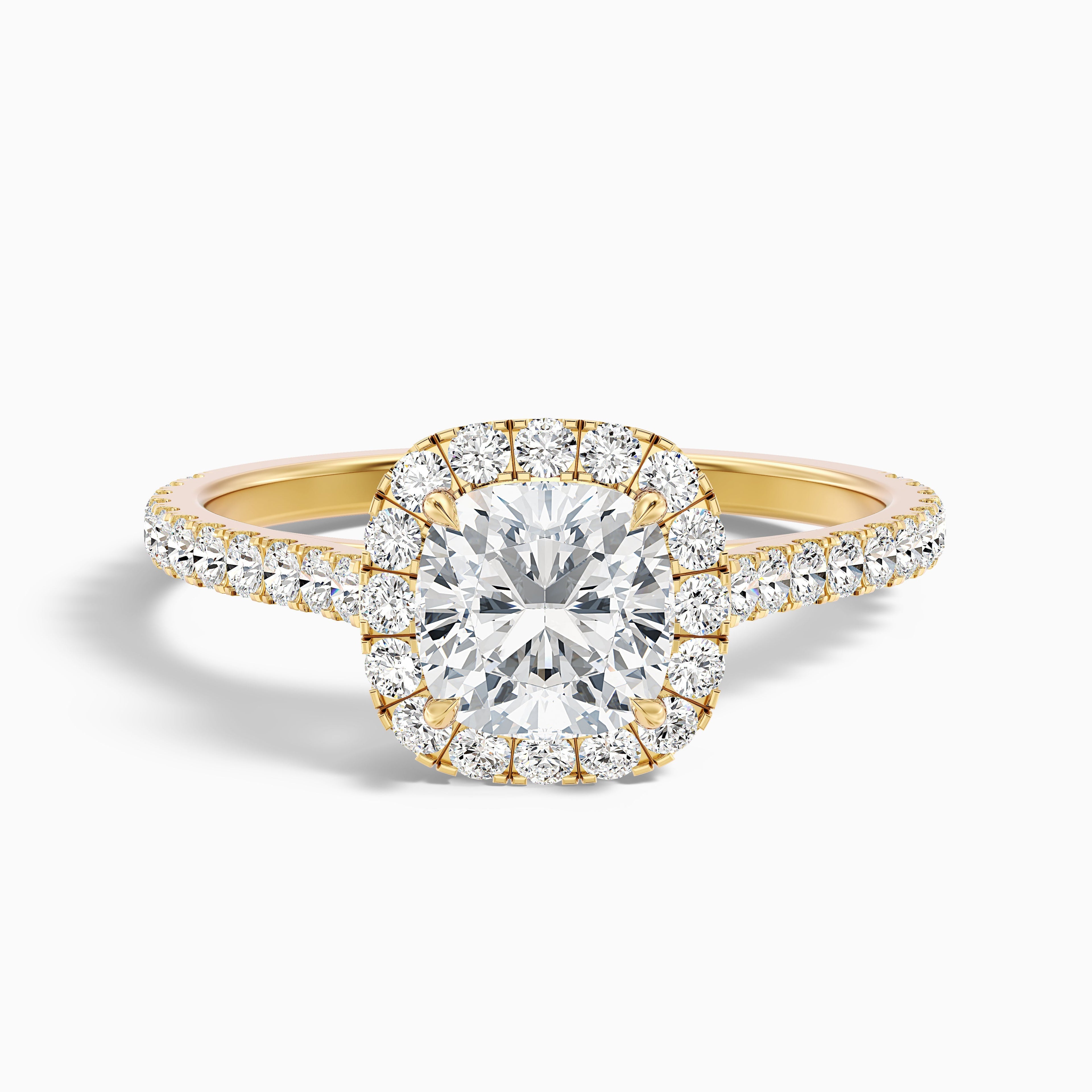 Isa 5 Carat Cushion Cut Halo Pave Lab Grown Engagement Ring in 10k Yellow Gold DestGlow