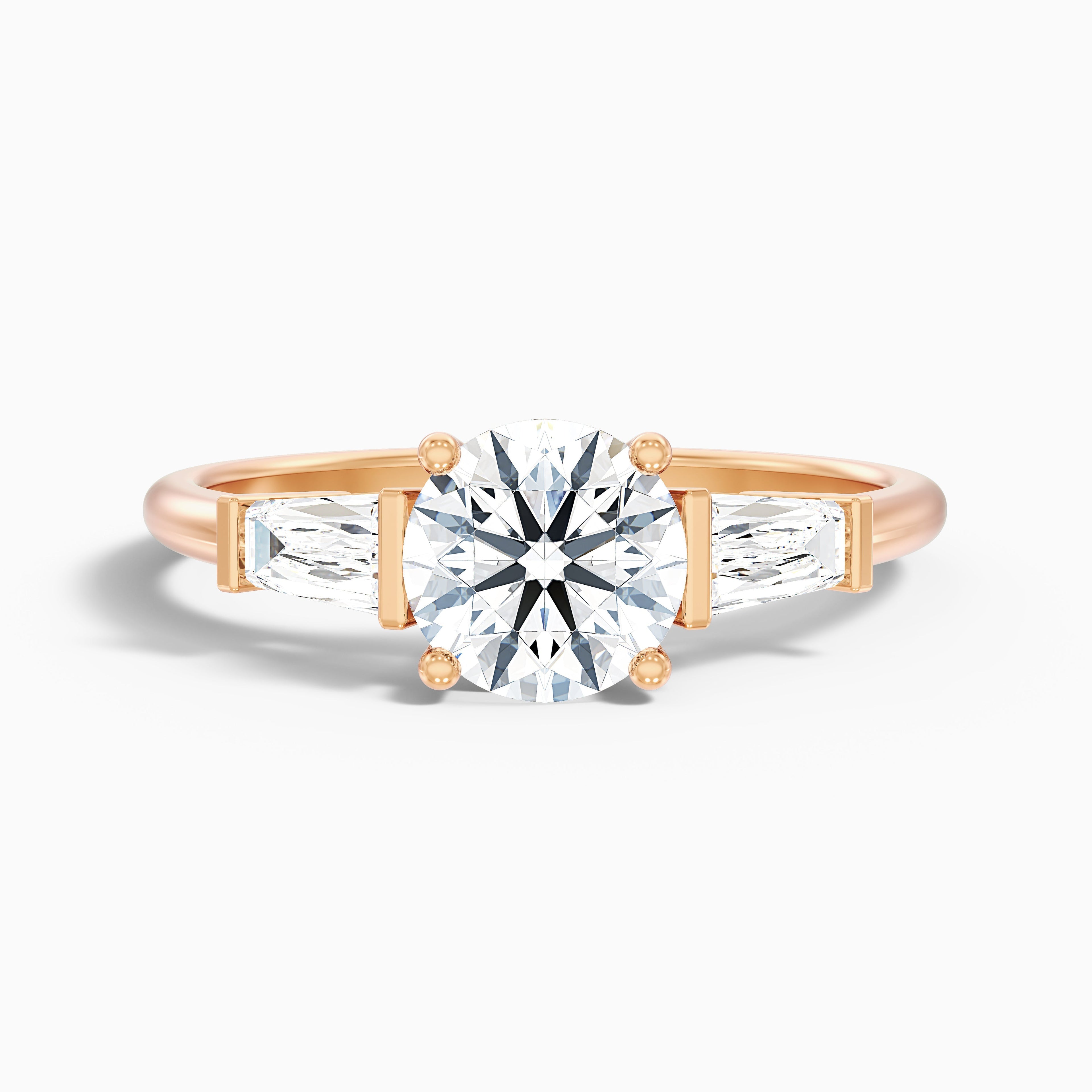 Hope 3 Carat Round 3 Stone Moissanite Diamond Ring With Side Baguette Diamonds in 18k Yellow Gold