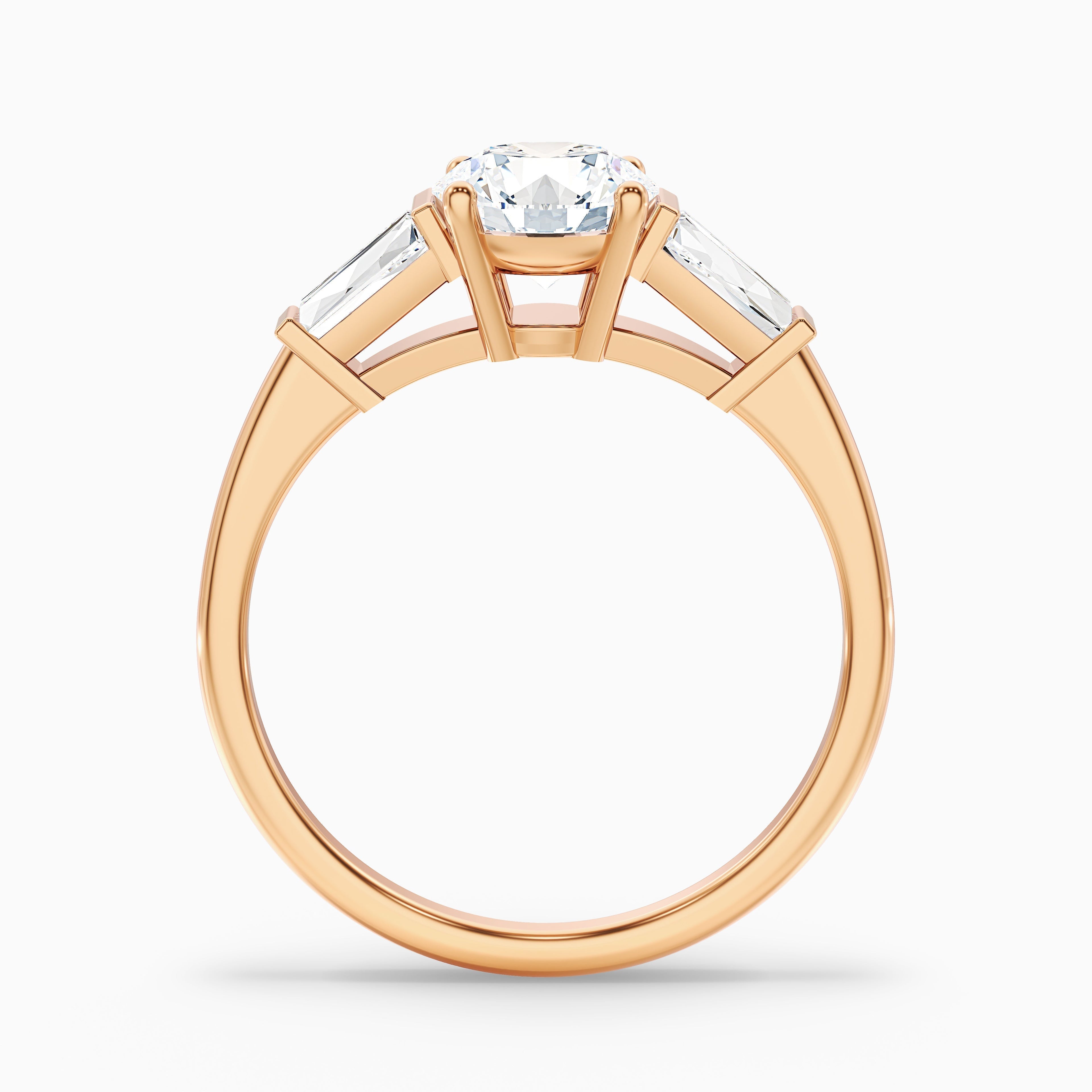 Hope 3 Carat Round 3 Stone Moissanite Diamond Ring With Side Baguette Diamonds in 18k Rose Gold DestGlow