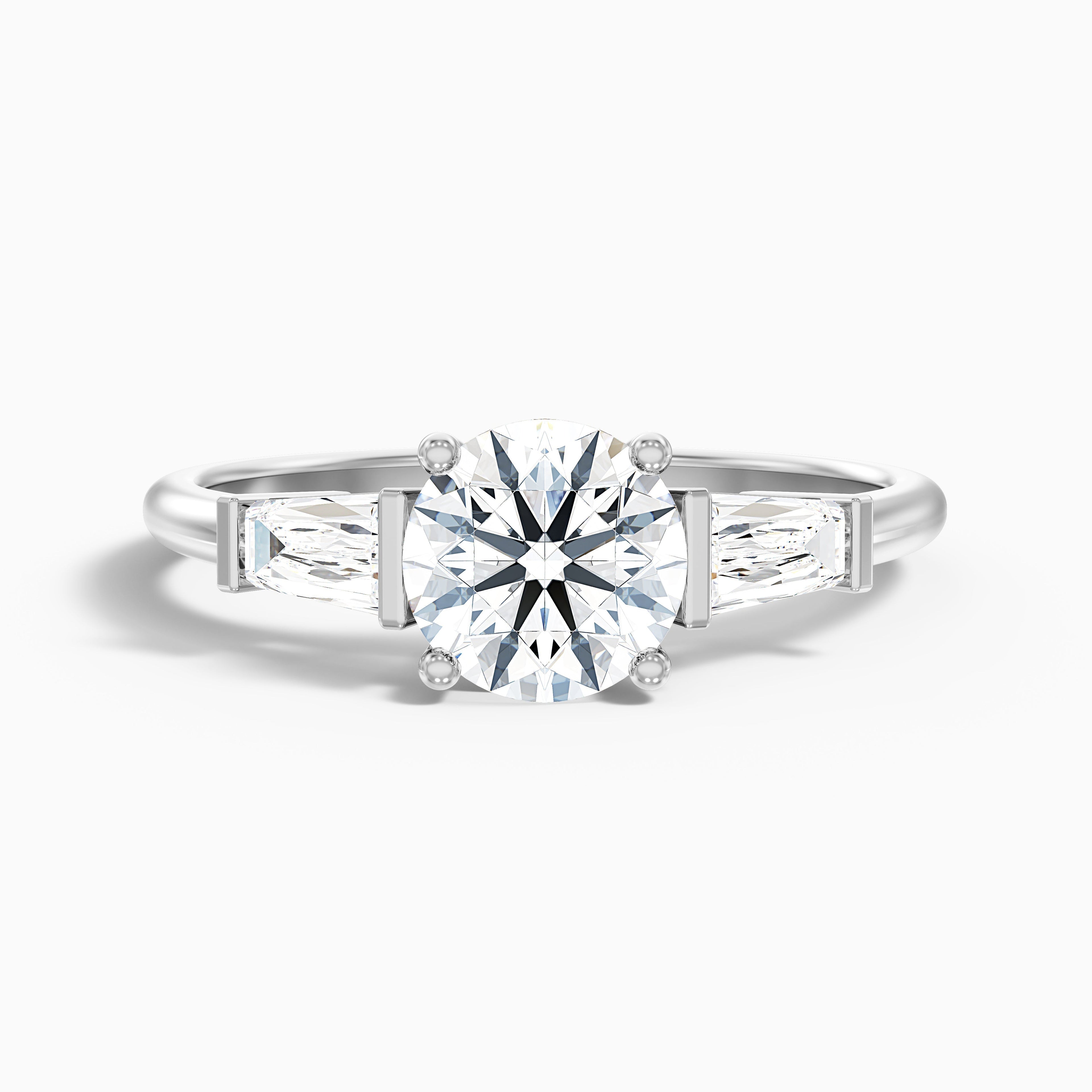 Hope 3 Carat Round 3 Stone Moissanite Diamond Ring With Side Baguette Diamonds in 10k Rose Gold DestGlow