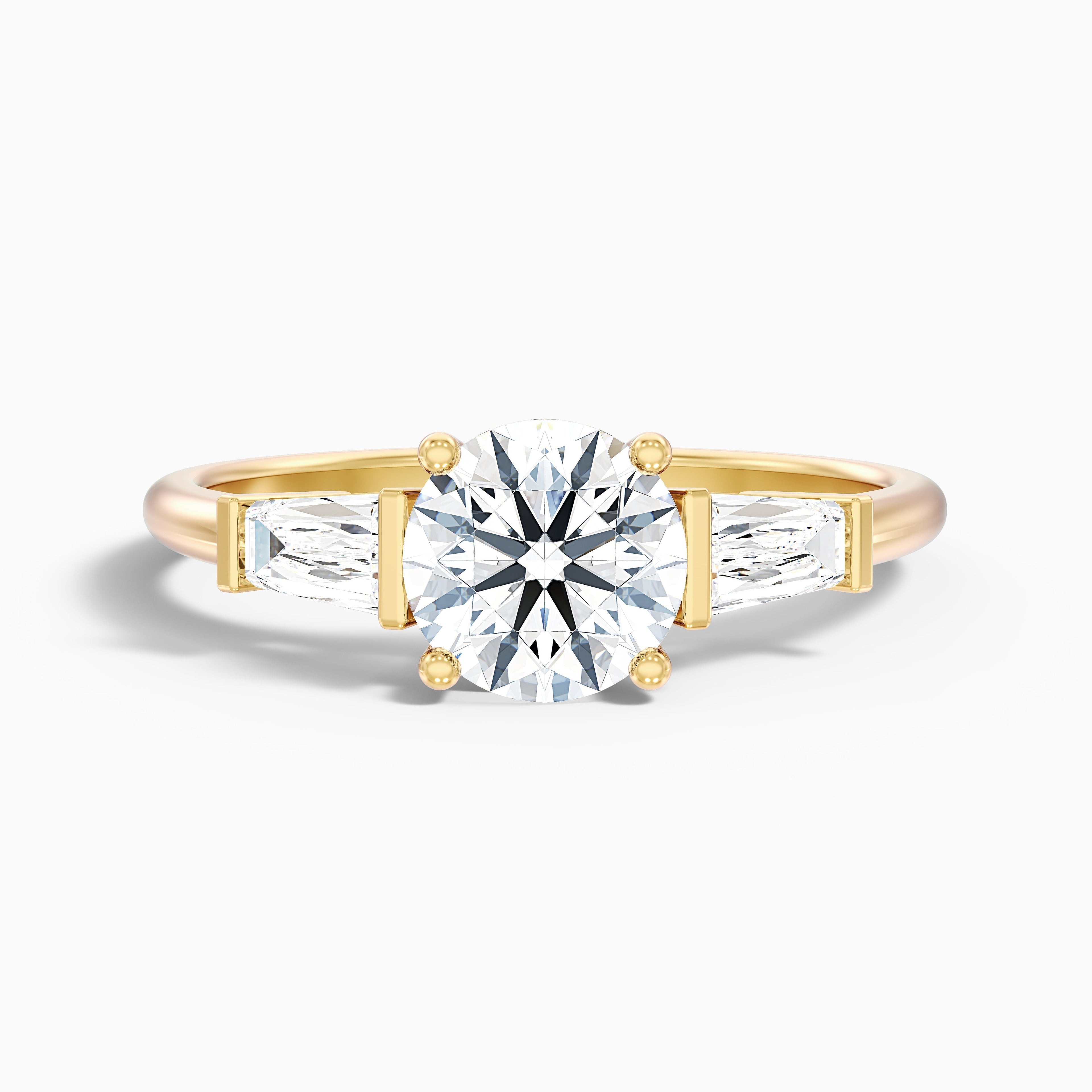 Hope 3 Carat Round 3 Stone Moissanite Diamond Ring With Side Baguette Diamonds in 10k Yellow Gold DestGlow