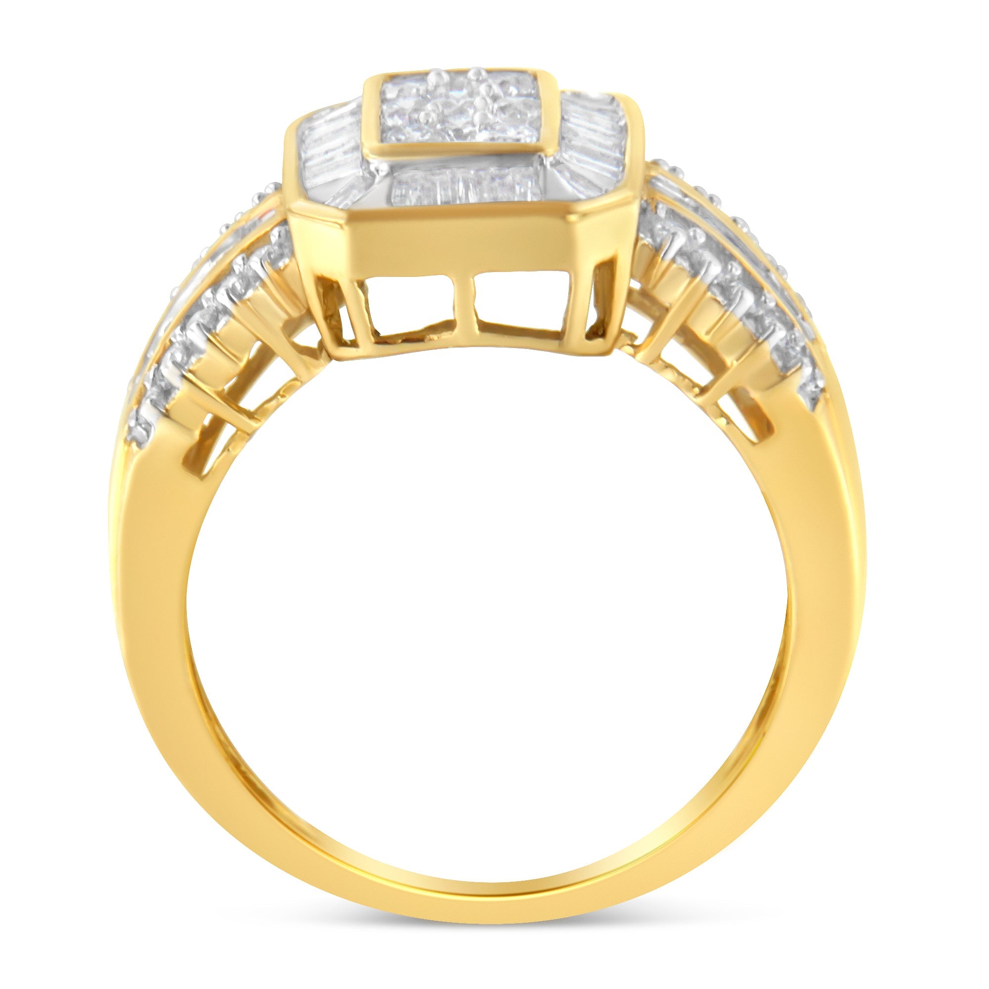 10K Yellow Gold Round and Baguette-Cut Diamond Cocktail Ring (1.0 Cttw, H-I Color, SI2-I1 Clarity) - Size 7 by Bids.com