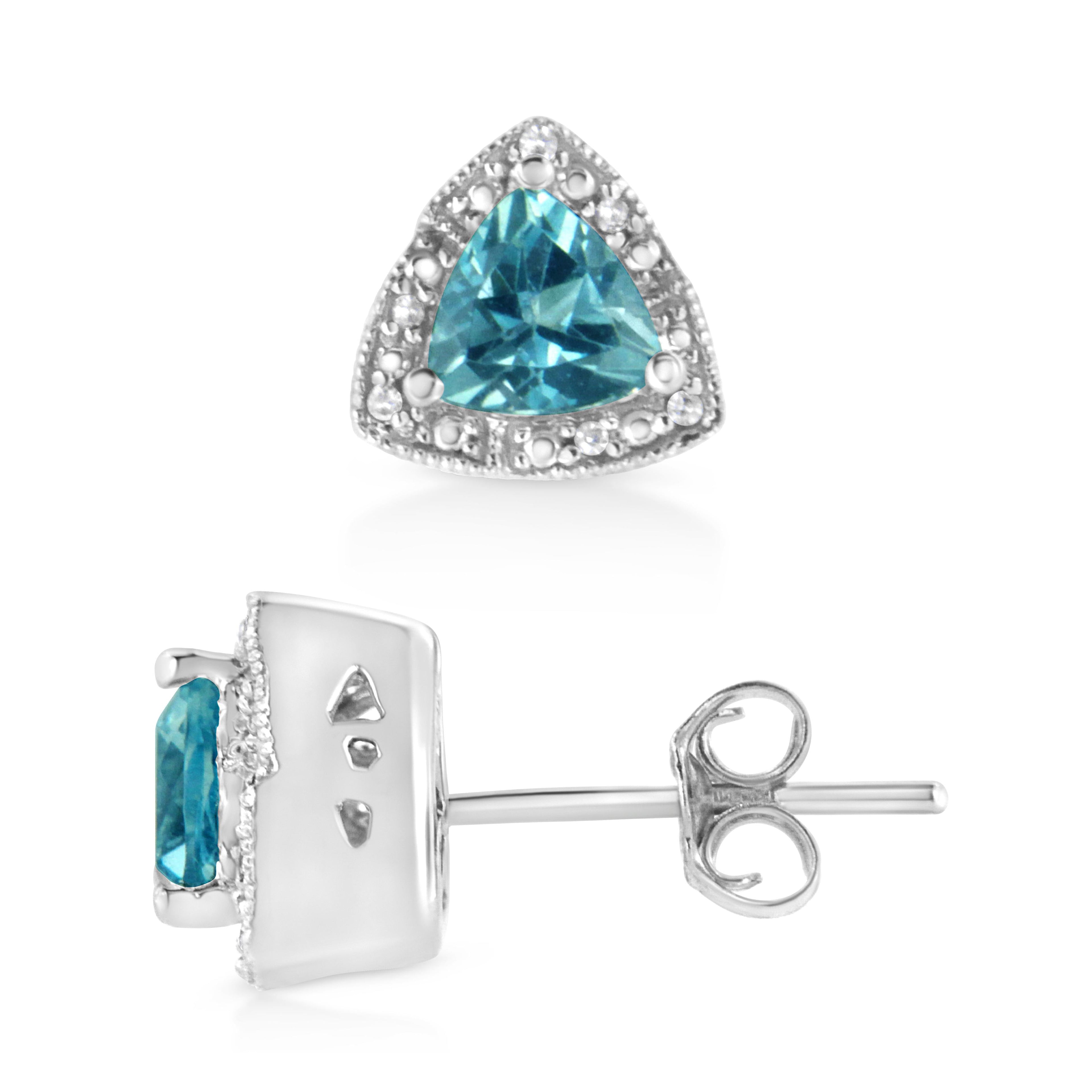 .925 Sterling Silver 6x6 mm Trillion Cut Blue Topaz Gemstone and Diamond Accent Stud Earring (I-J Color, I1-I2 Clarity) DestGlow