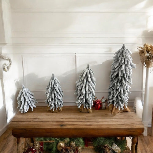 Snow Covered Christmas Trees - Set of 4 Realistic Faux Trees with Jute Base