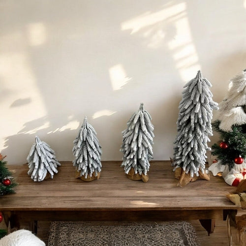 Snow Covered Christmas Trees - Set of 4 Realistic Faux Trees with Jute Base