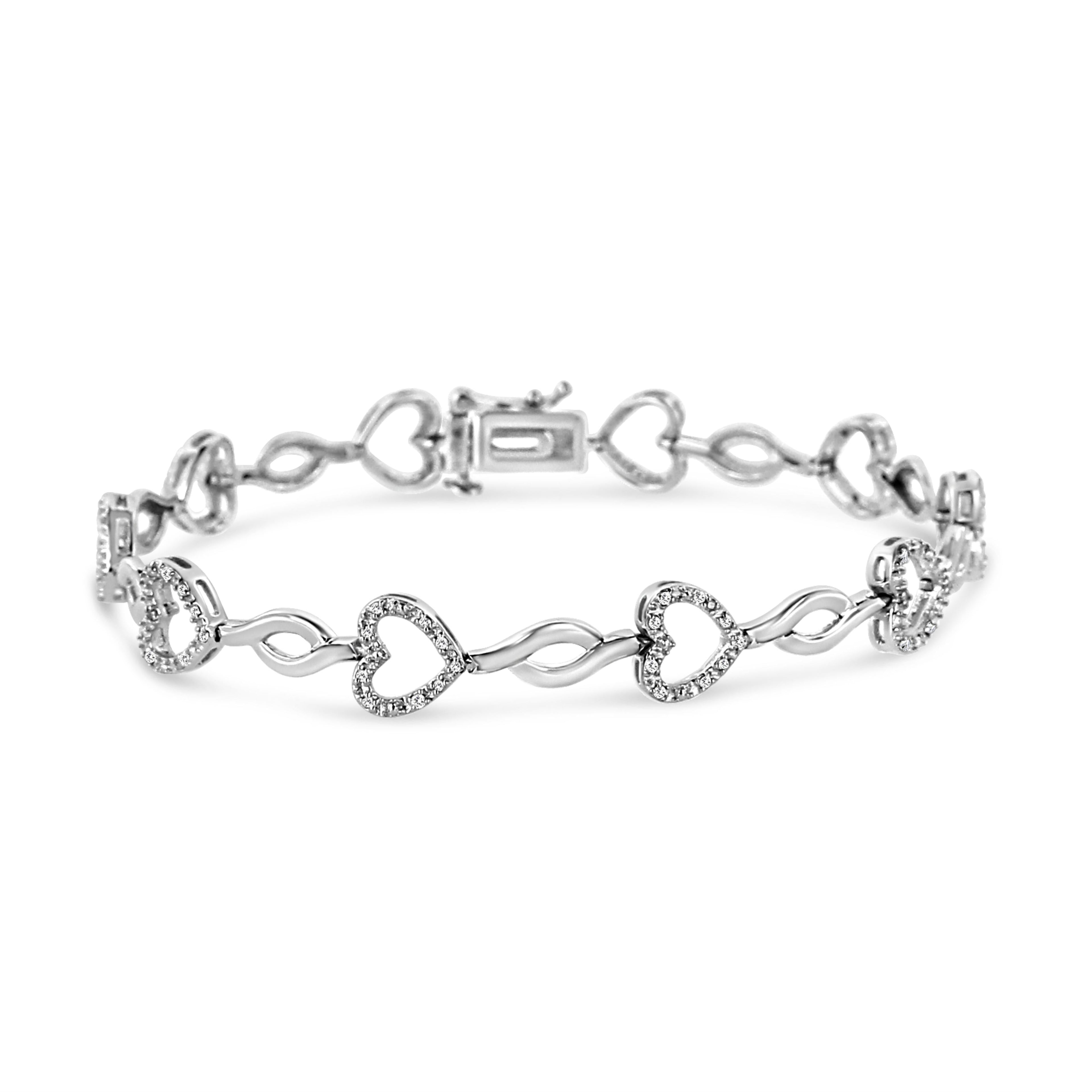 .925 Sterling Silver 1/4 Cttw Round-Cut Diamond Alternating Heart and Leaf Link Bracelet (I-J Color, I3 Clarity) - Size 7.25" by Bids.com