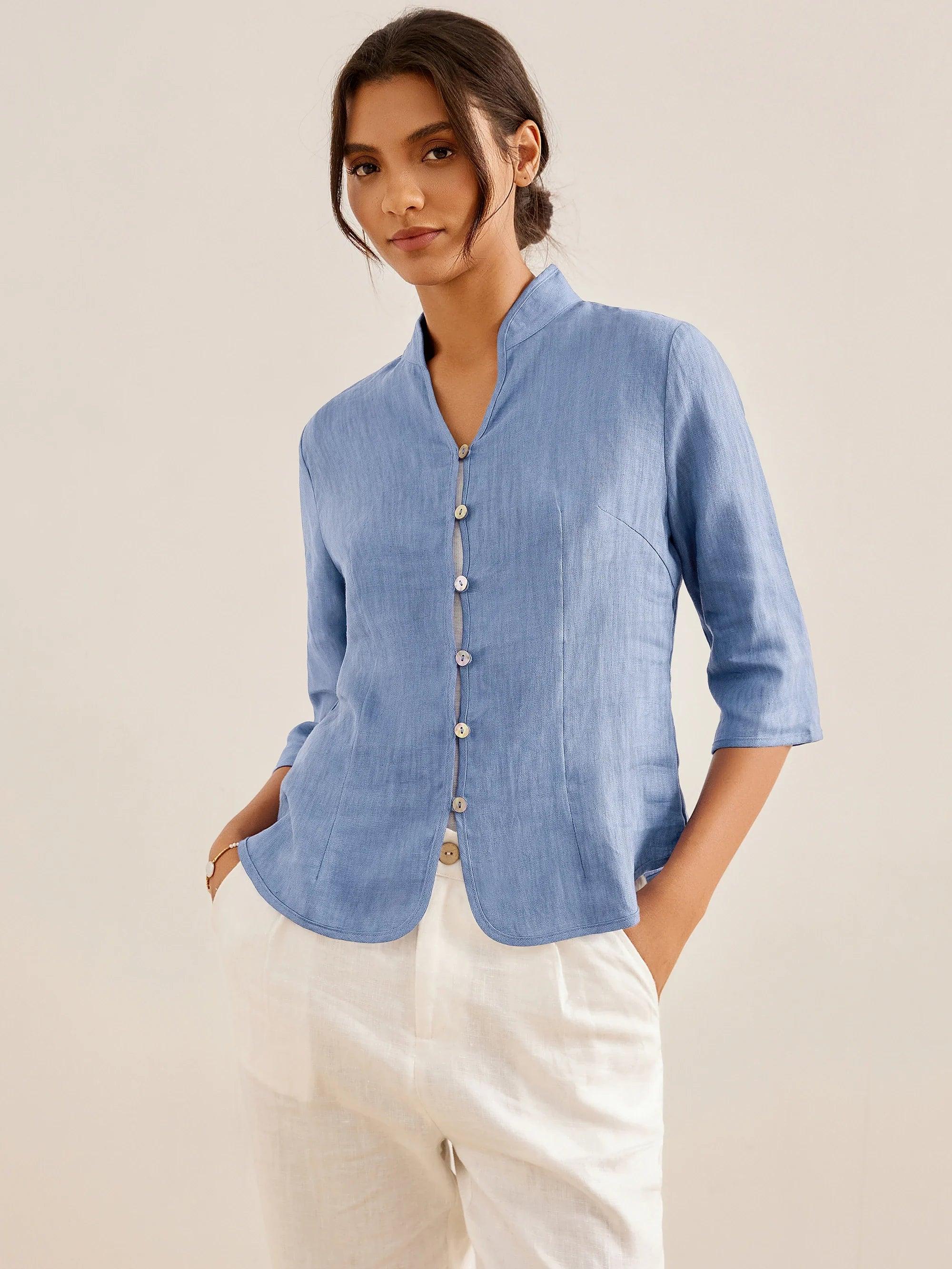 100% Linen Hand Button Fitted Jacket AMELIA DestGlow