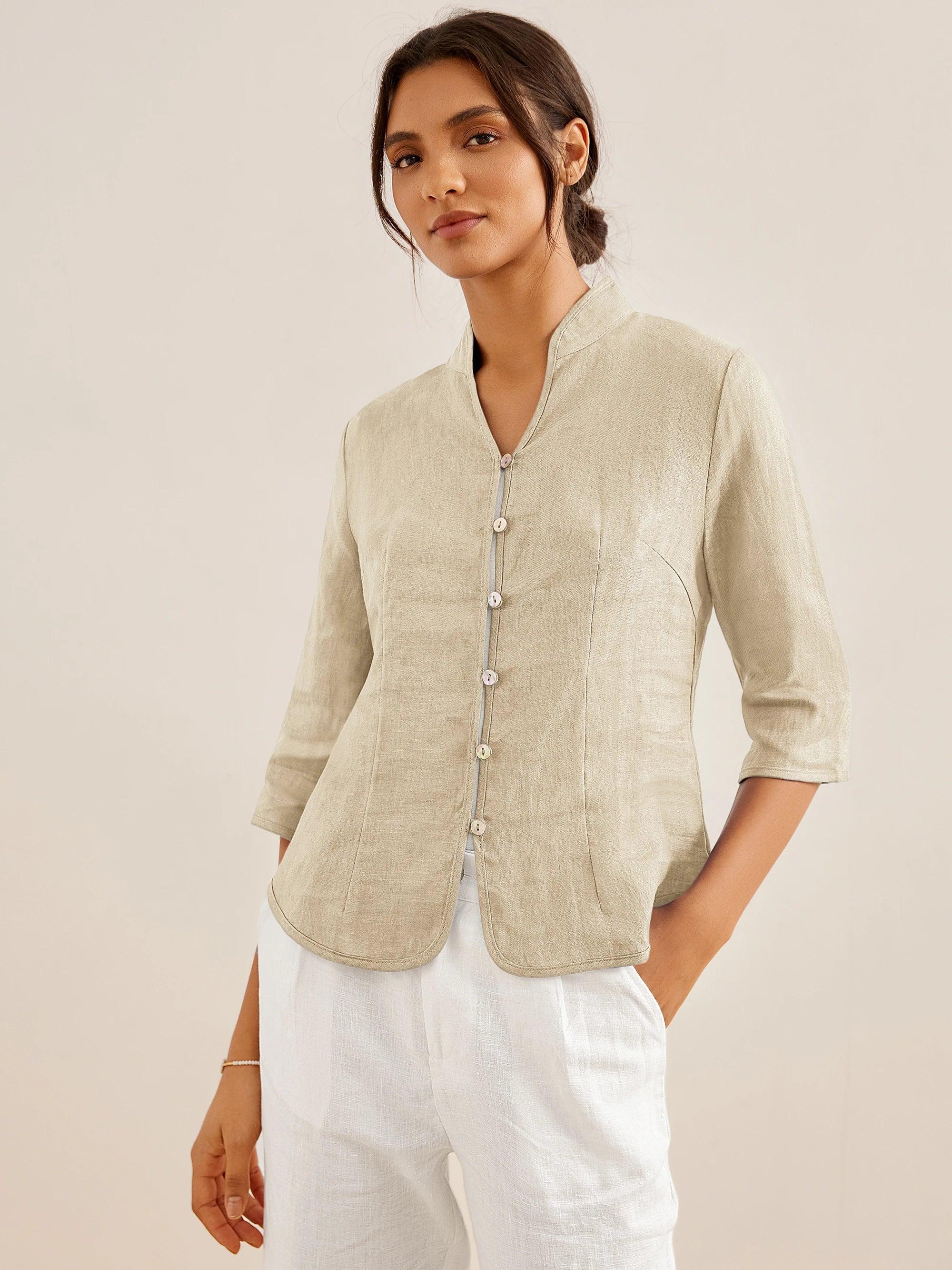 100% Linen Hand Button Fitted Jacket AMELIA DestGlow