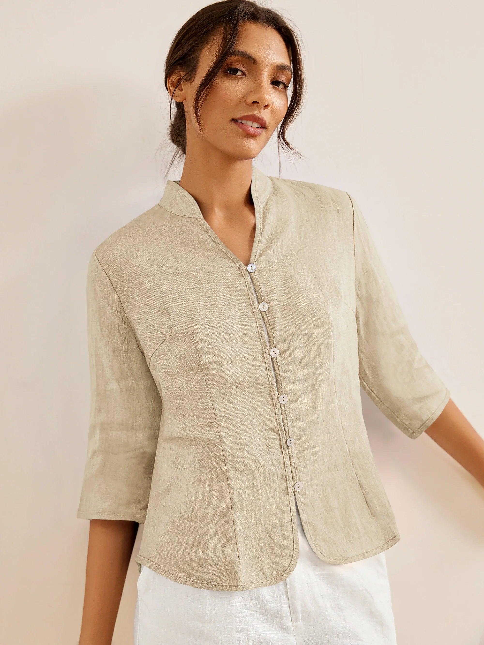 100% Linen Hand Button Fitted Jacket AMELIA DestGlow