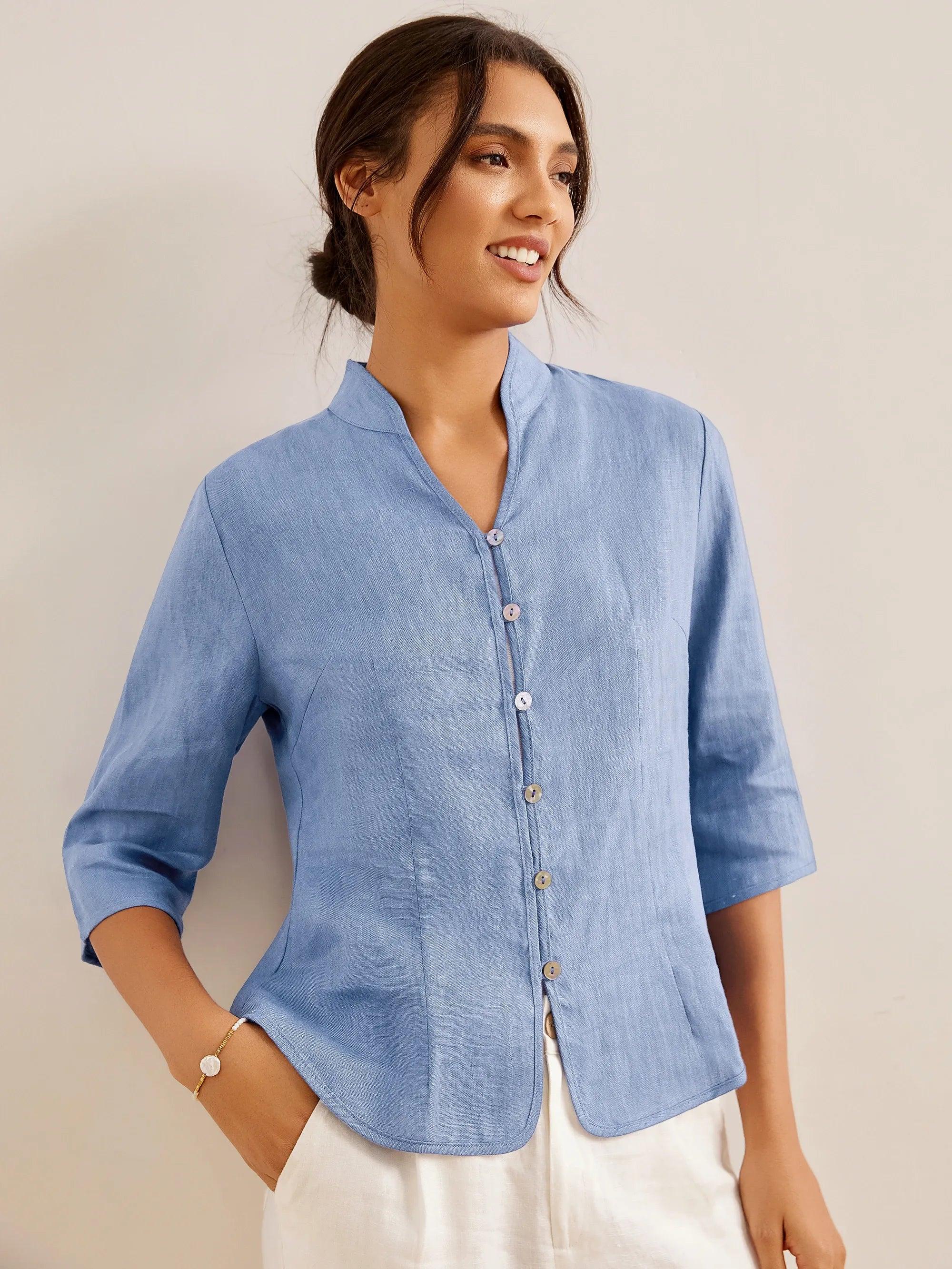 100% Linen Hand Button Fitted Jacket AMELIA DestGlow