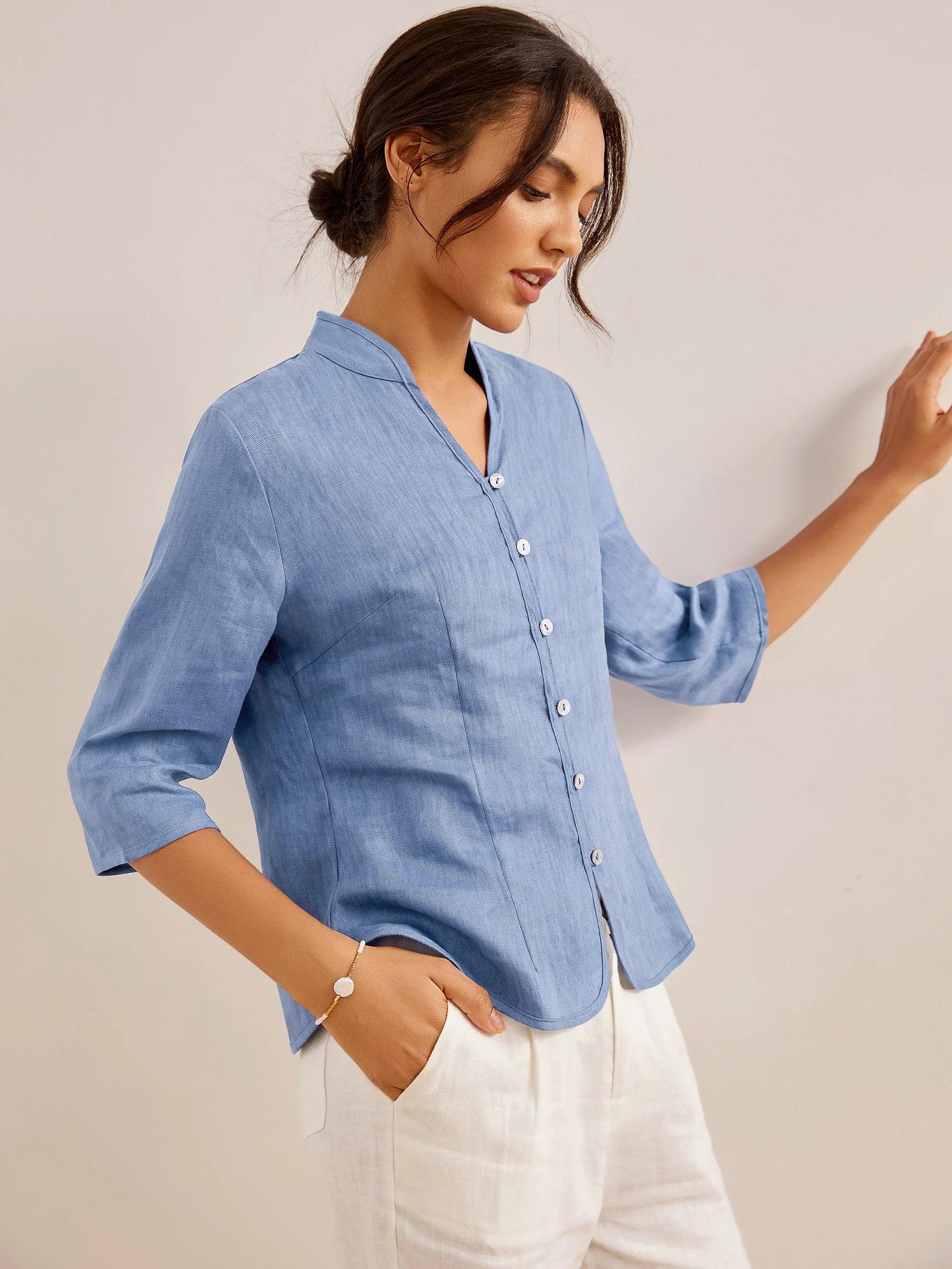 100% Linen Hand Button Fitted Jacket AMELIA DestGlow
