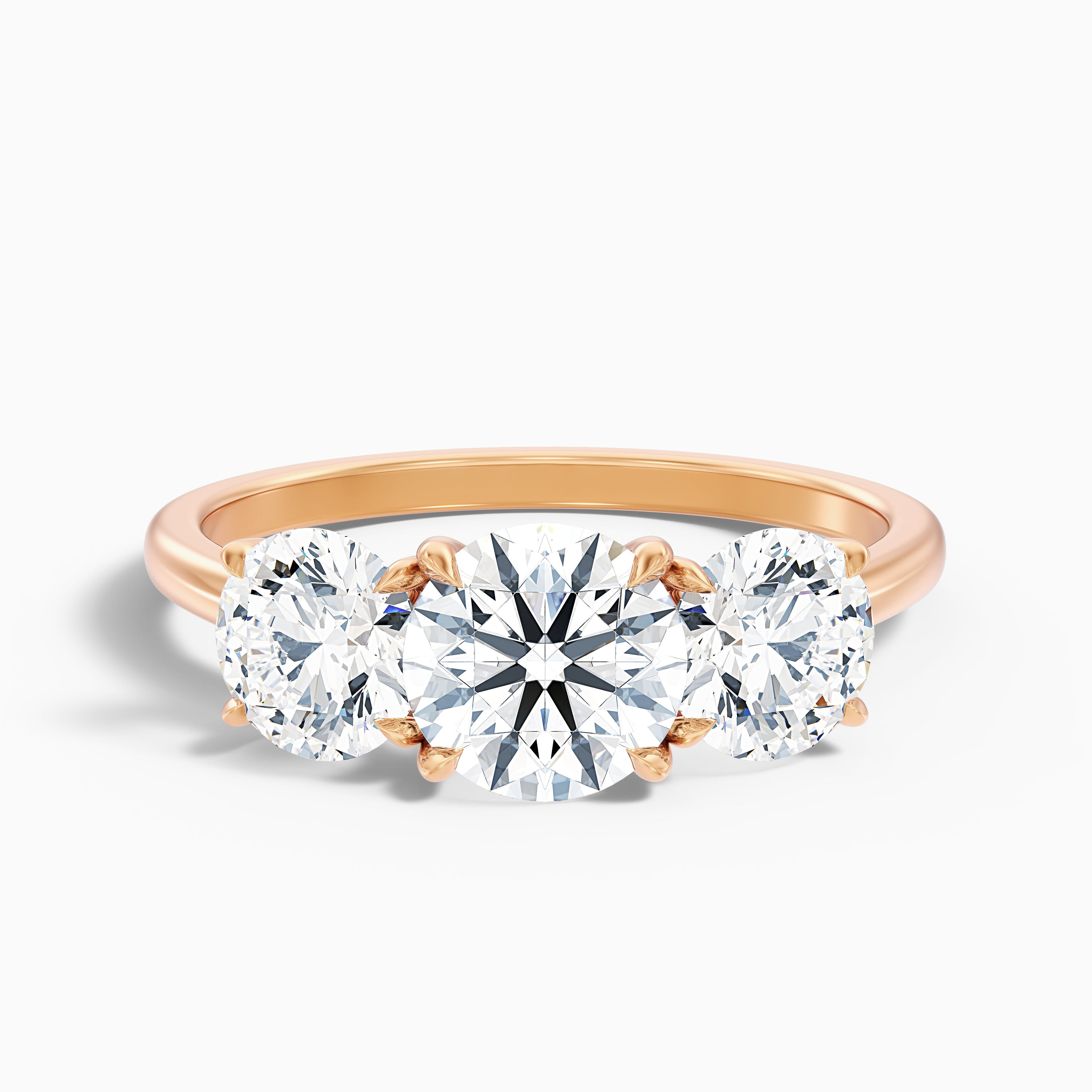 Iris 5.5 Carat Round Three Stone Moissanite Diamond Ring in 18k Rose Gold DestGlow